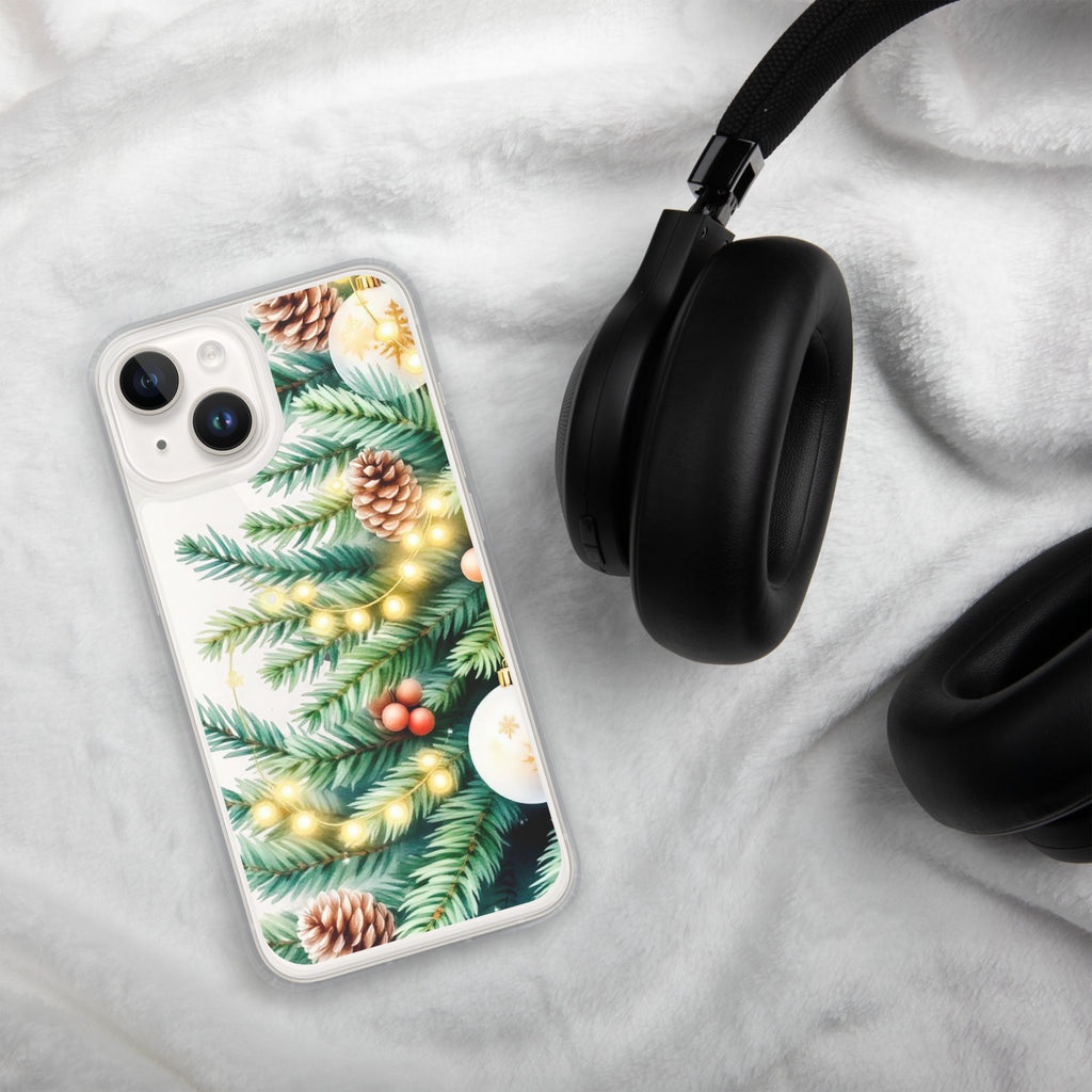 Holiday Pine Glow Clear Case for iPhone 14 - Christmas Pine Branches & Warm Lights Protective Cover