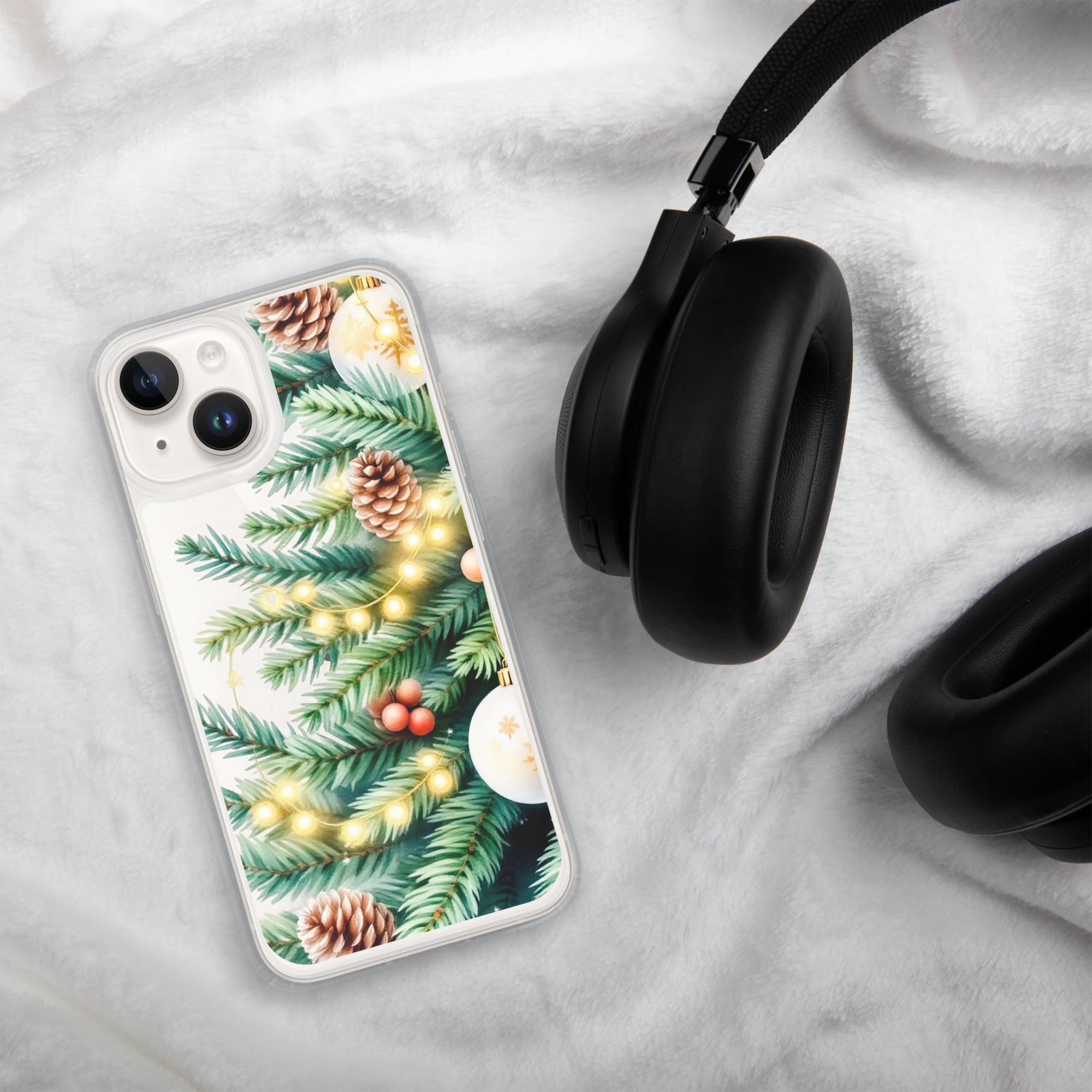 Holiday Pine Glow Clear Case for iPhone 14 - Christmas Pine Branches & Warm Lights Protective Cover