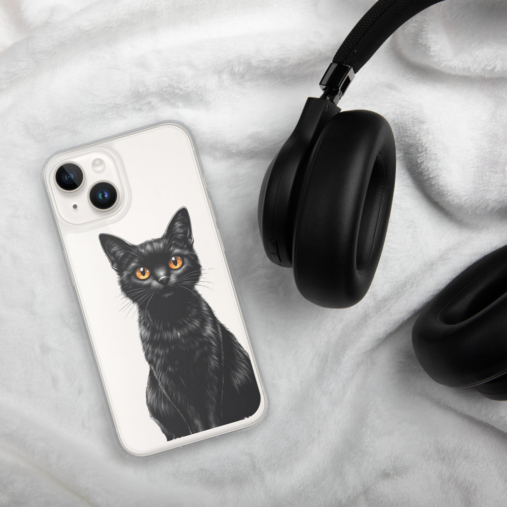 Midnight Black Cat Clear Case for iPhone 14 - Elegant Black Cat Illustration Protective Cover