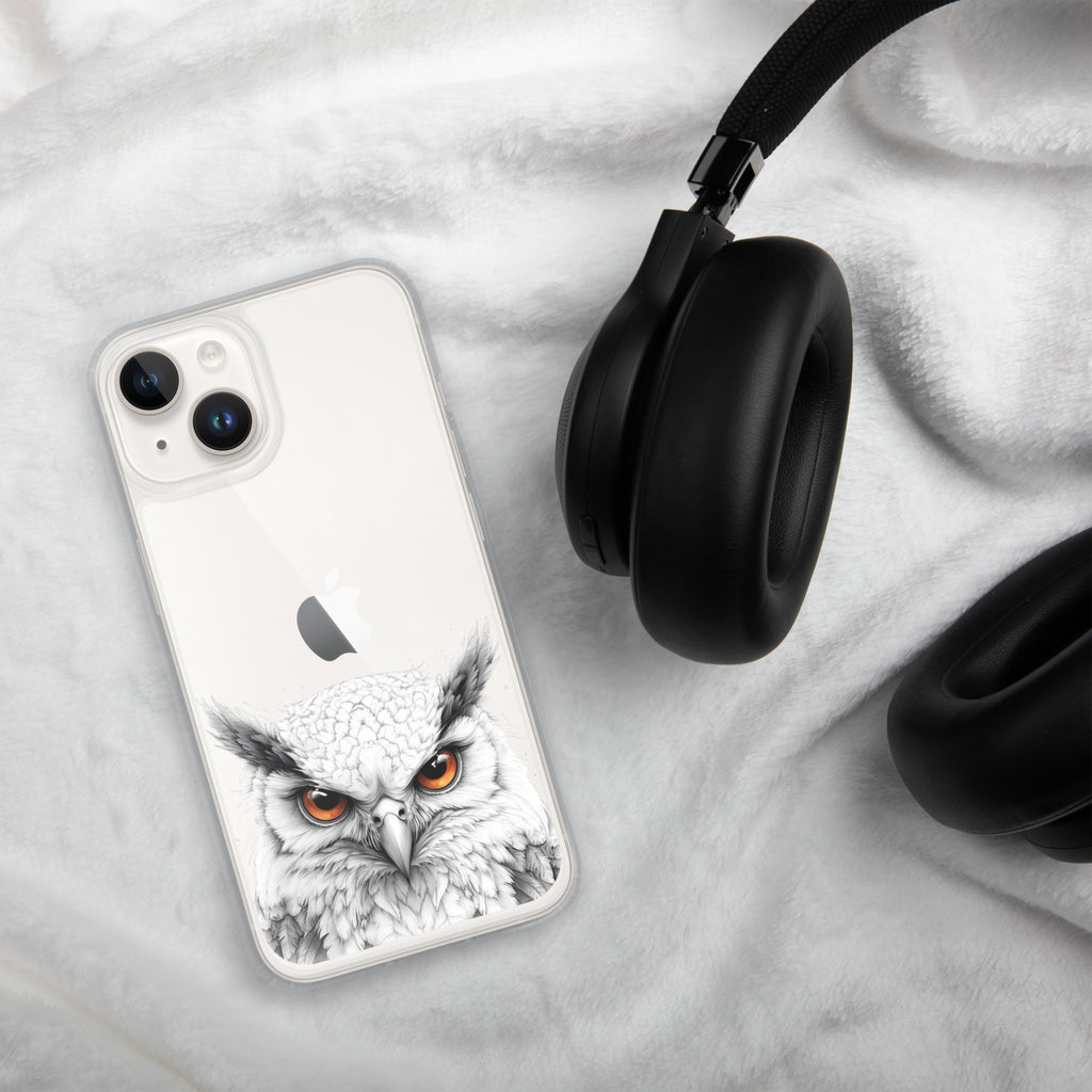 Snowy Owl Glare Clear Case for iPhone 14 - Minimalist White Owl Illustration Protective Cover