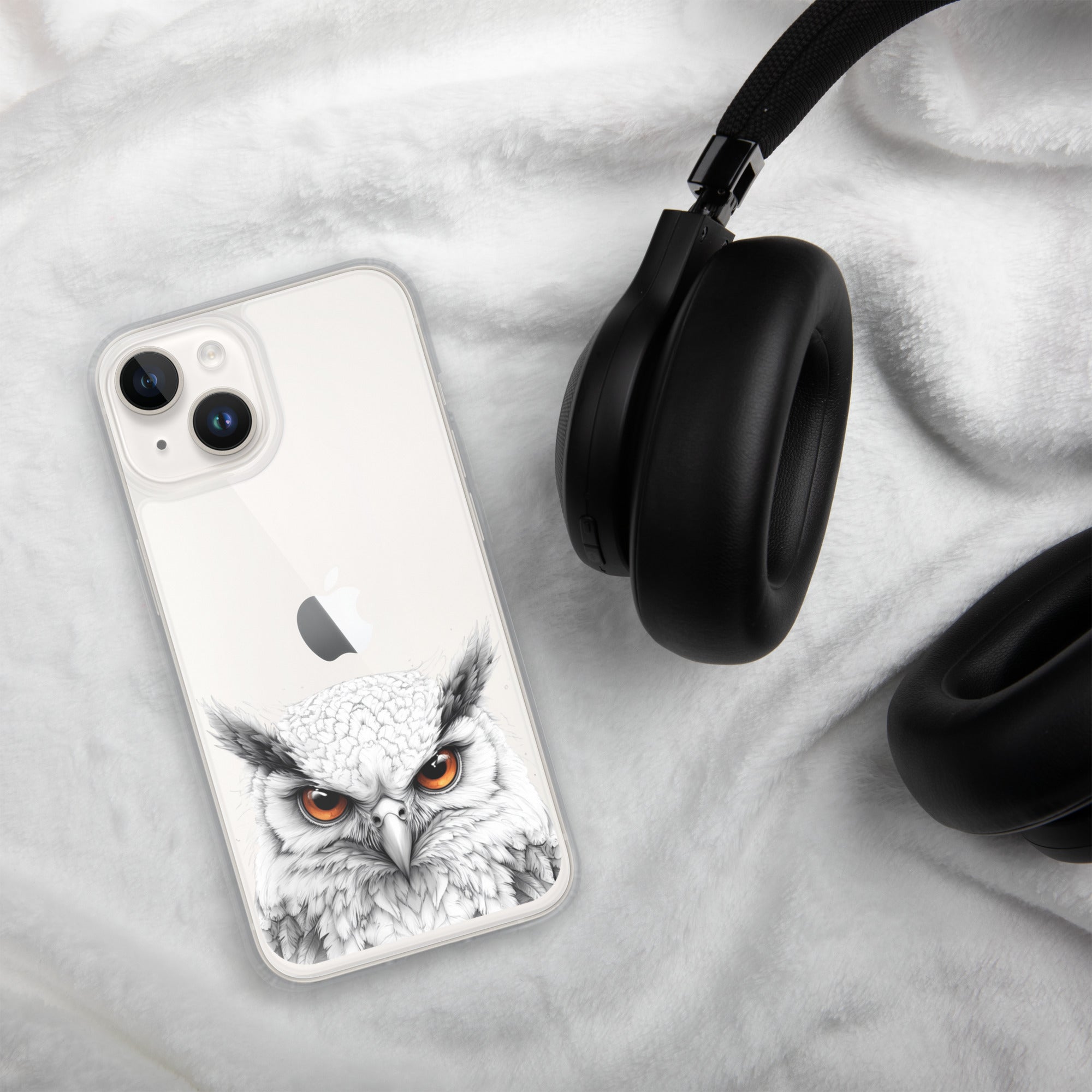 Snowy Owl Glare Clear Case for iPhone 14 - Minimalist White Owl Illustration Protective Cover