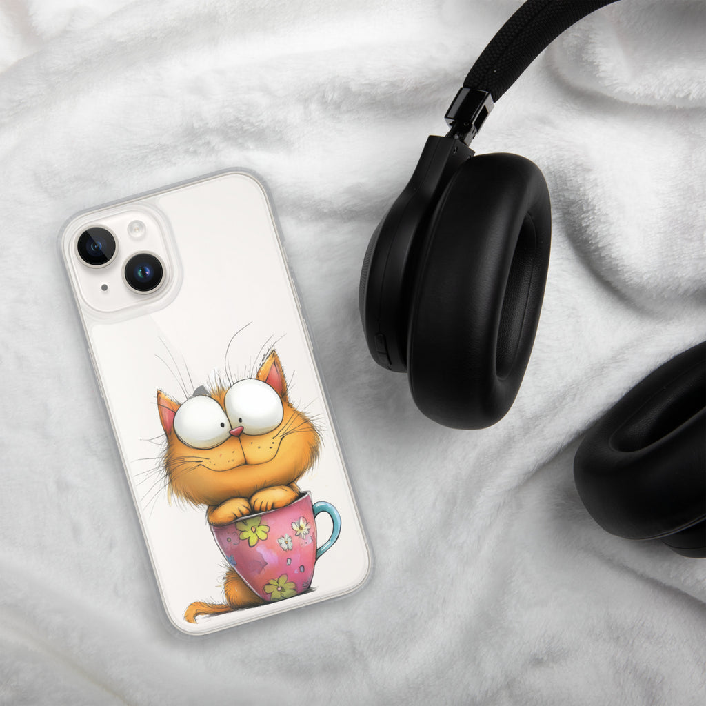 Goofy Cat in Cup Clear Case for iPhone 14 - Funny Cartoon Kitty Protective Cover