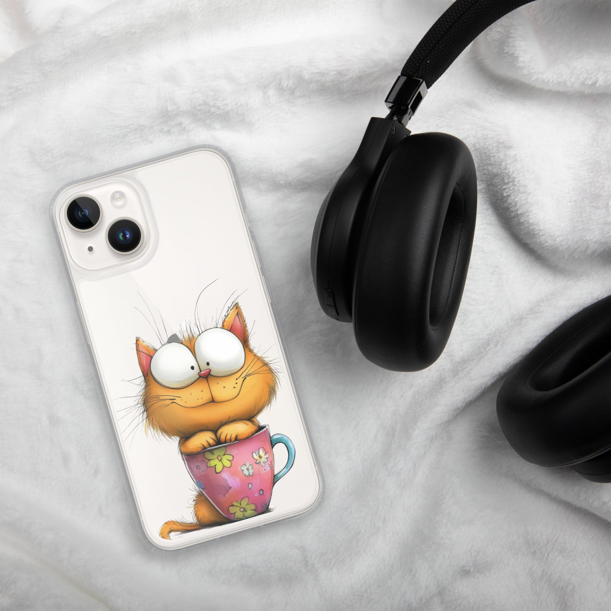 Goofy Cat in Cup Clear Case for iPhone 14 - Funny Cartoon Kitty Protective Cover