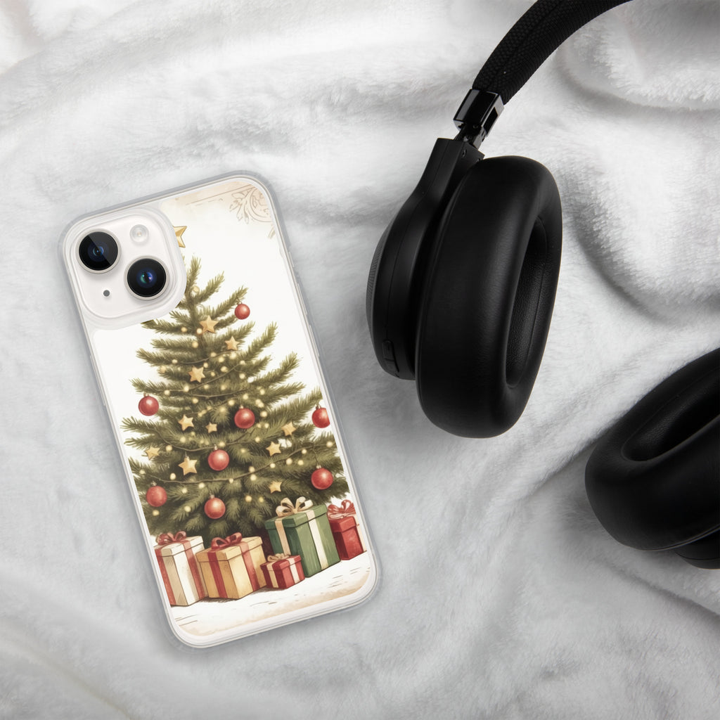 Vintage Christmas Tree Clear Case for iPhone 14 - Festive Holiday Tree & Gifts Protective Cover
