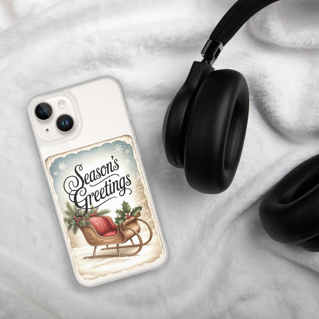 Season’s Greetings Vintage Holiday Clear Case for iPhone 14 - Retro Christmas Sleigh Festive Cover