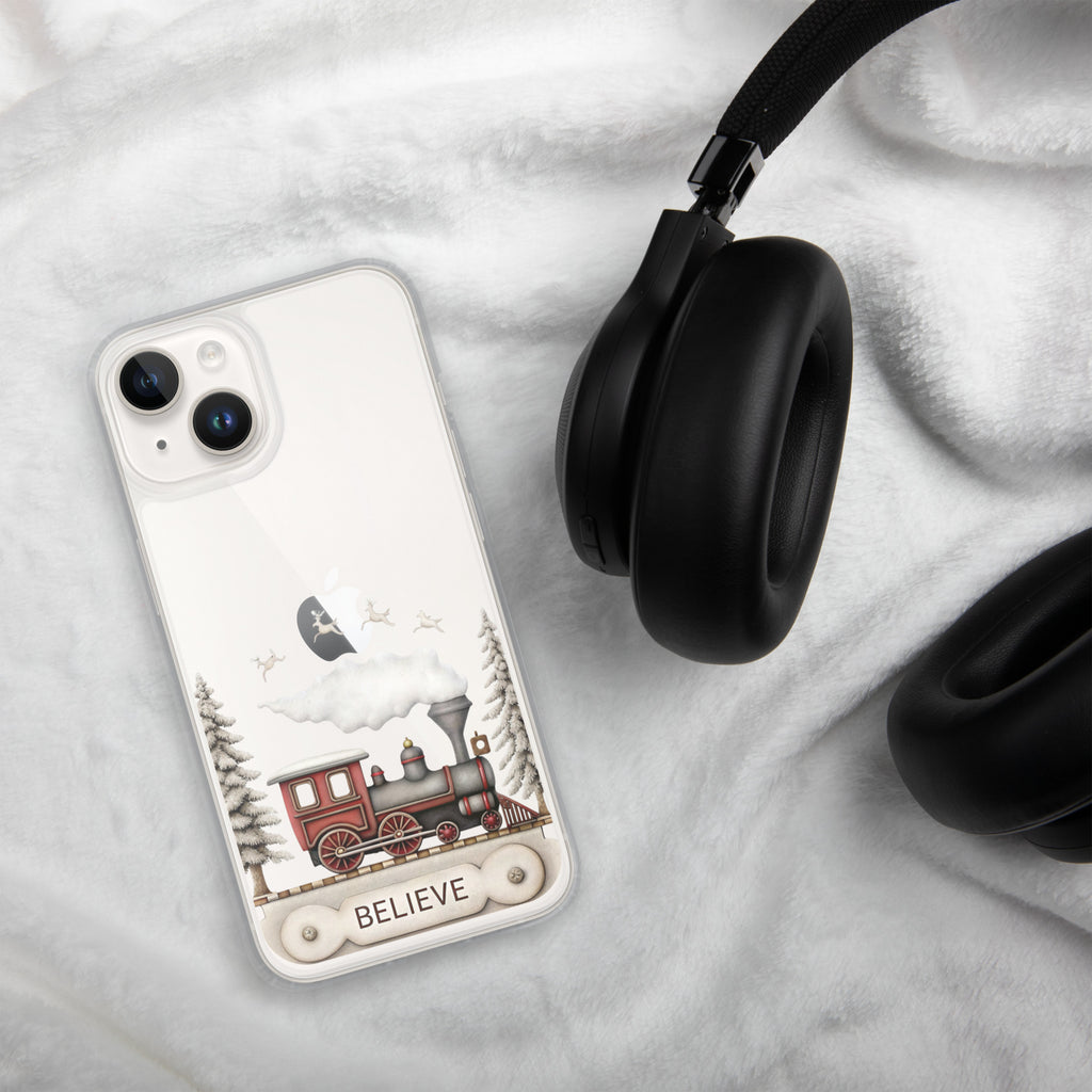 Believe Christmas Train Clear Case for iPhone 14 - Vintage Holiday Locomotive Winter Scene Cover