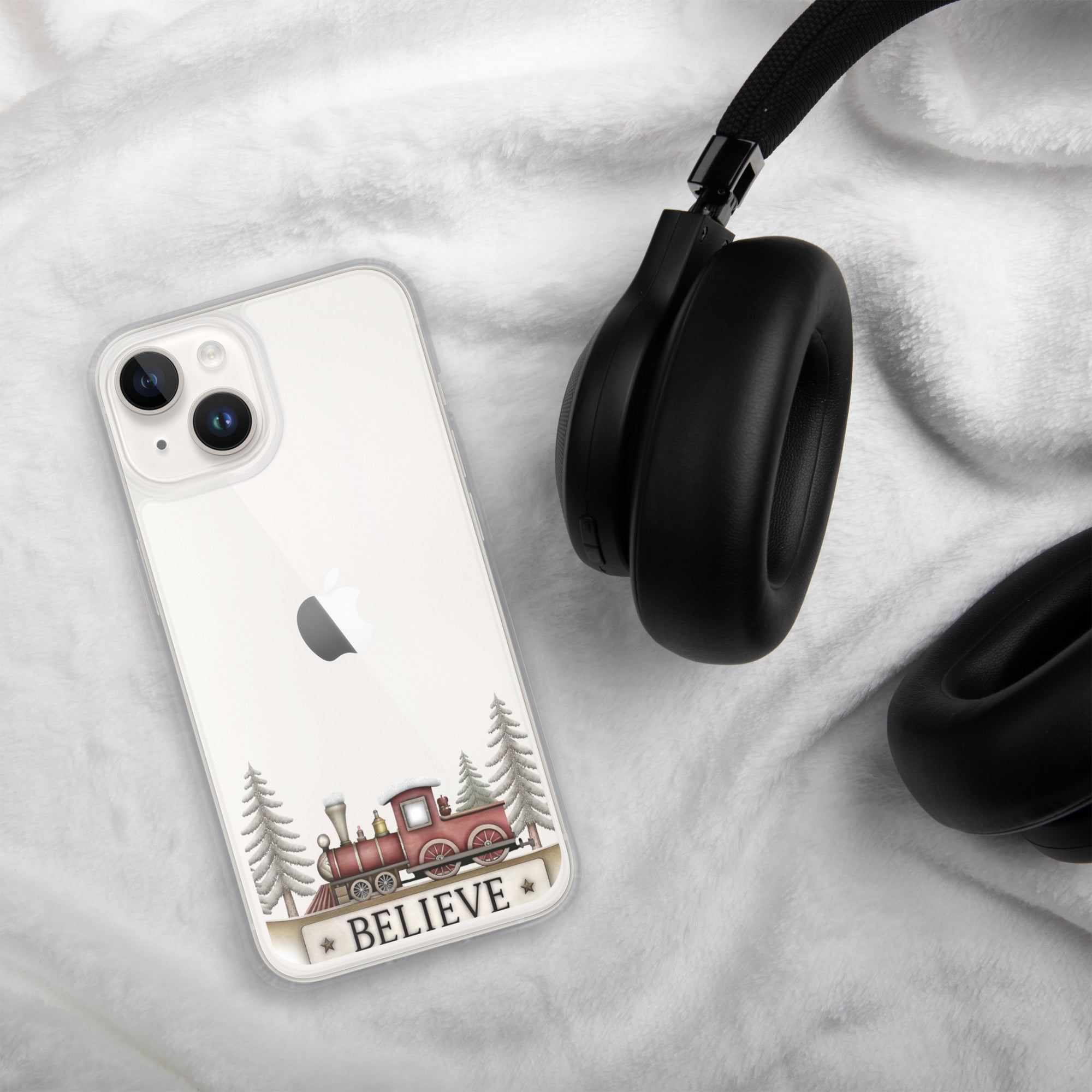 Christmas Believe Train Clear Case for iPhone 14 - Vintage Holiday Train Illustration Protective Cover