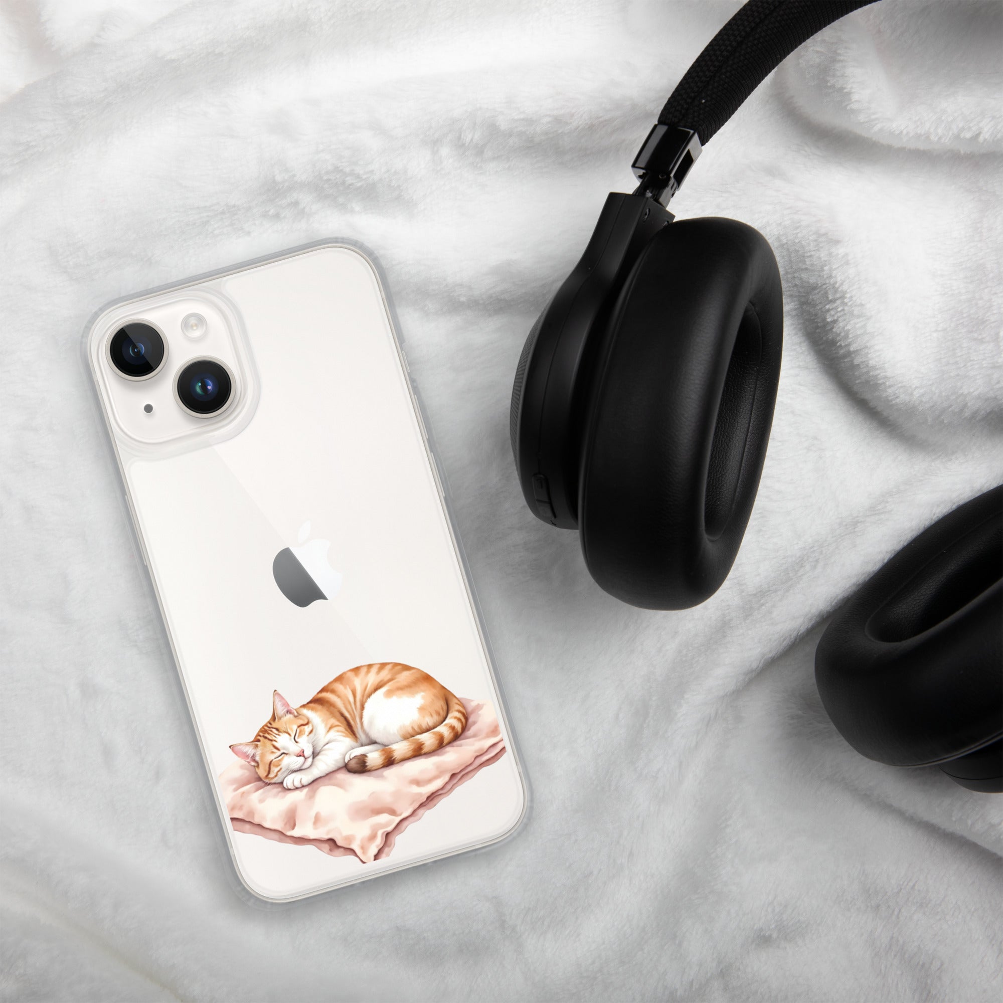 Sleepy Cat on Pillow Clear Case for iPhone 14 - Cute Cozy Kitty Illustration Protective Cover