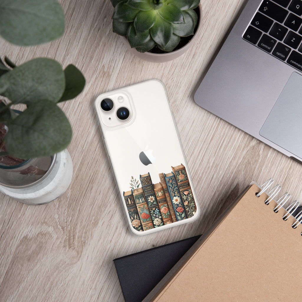 Vintage Floral Bookshelf Clear Case for iPhone 14 - Dark Academia Book Lover Cover