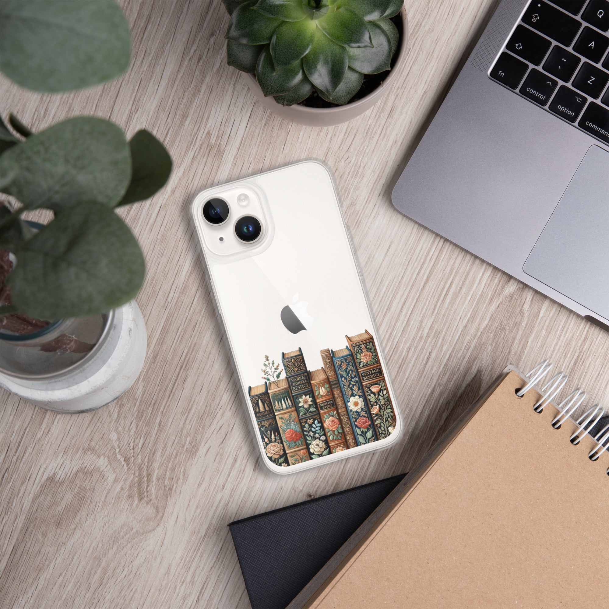 Vintage Floral Bookshelf Clear Case for iPhone 14 - Dark Academia Book Lover Cover