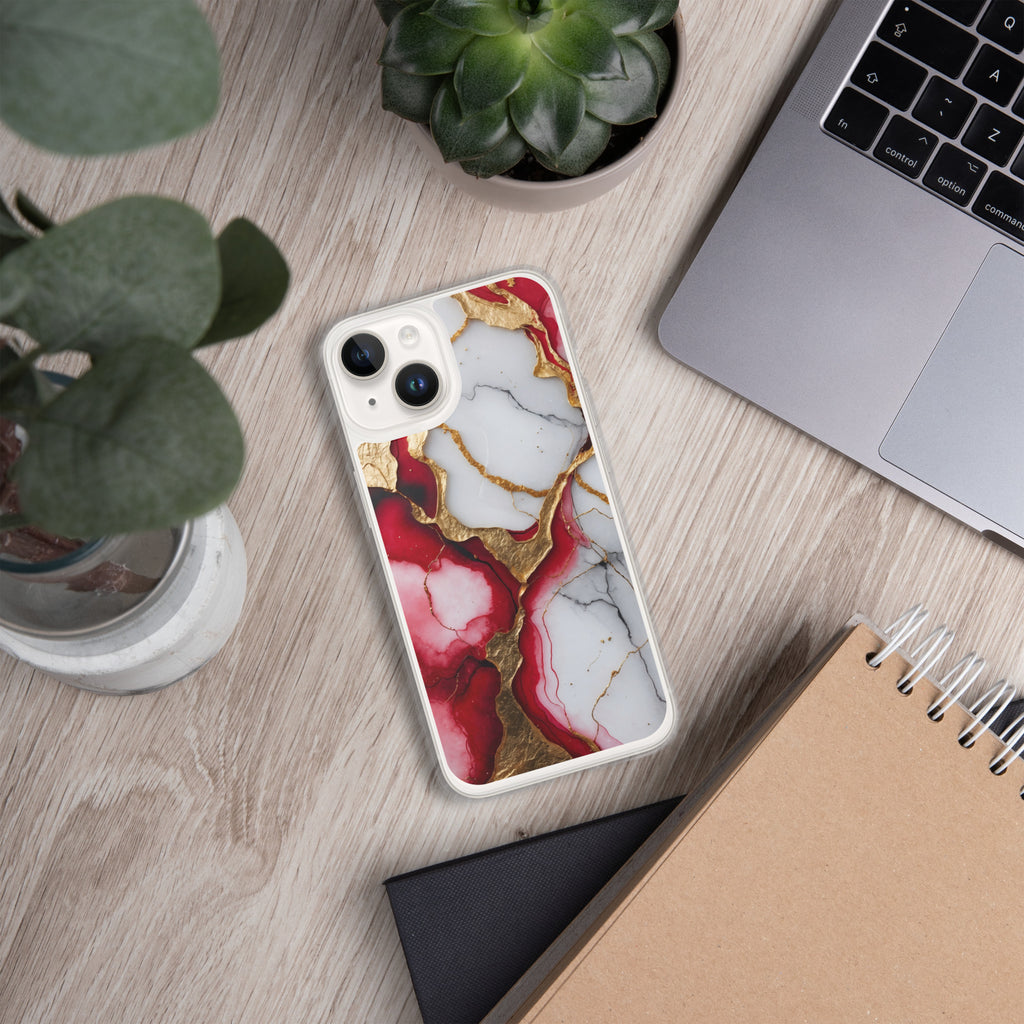 Crimson Golden Marble Luxe Clear Case for iPhone 14 - Luxury Red & Gold Marble Protective Cover