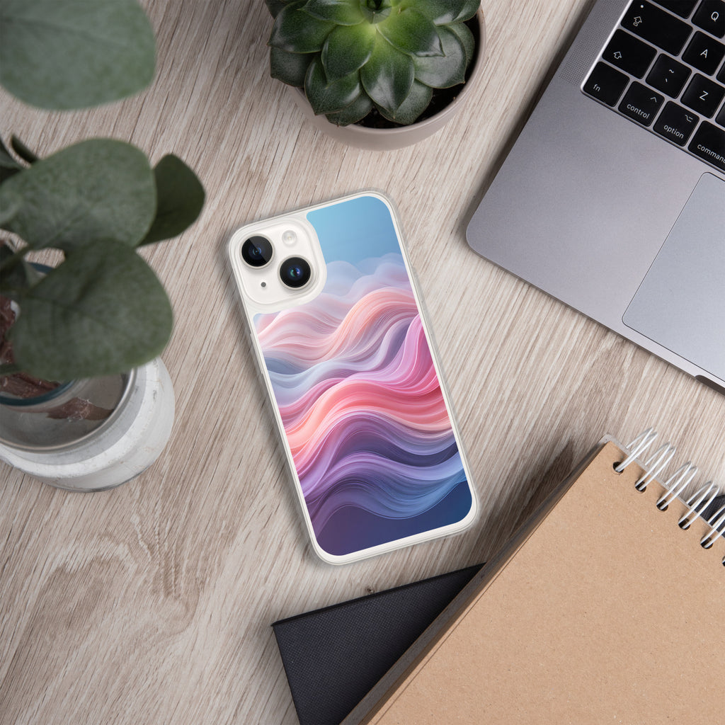 Velvet Currents Dream Clear Case for iPhone 14 - Abstract Pink & Blue Waves Protective Cover