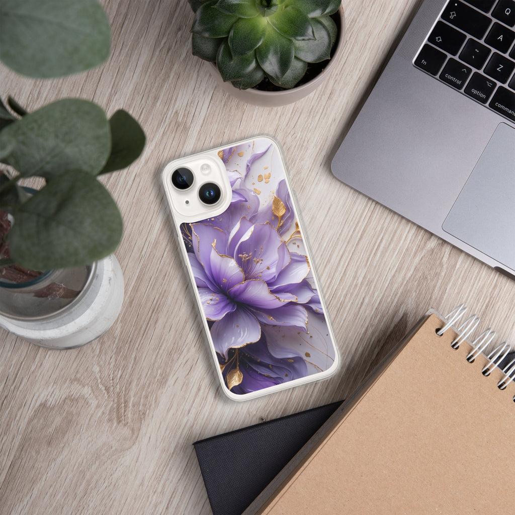 Royal Violet Bloom Clear Case for iPhone 14 - Luxury Purple & Gold Floral Protective Cover