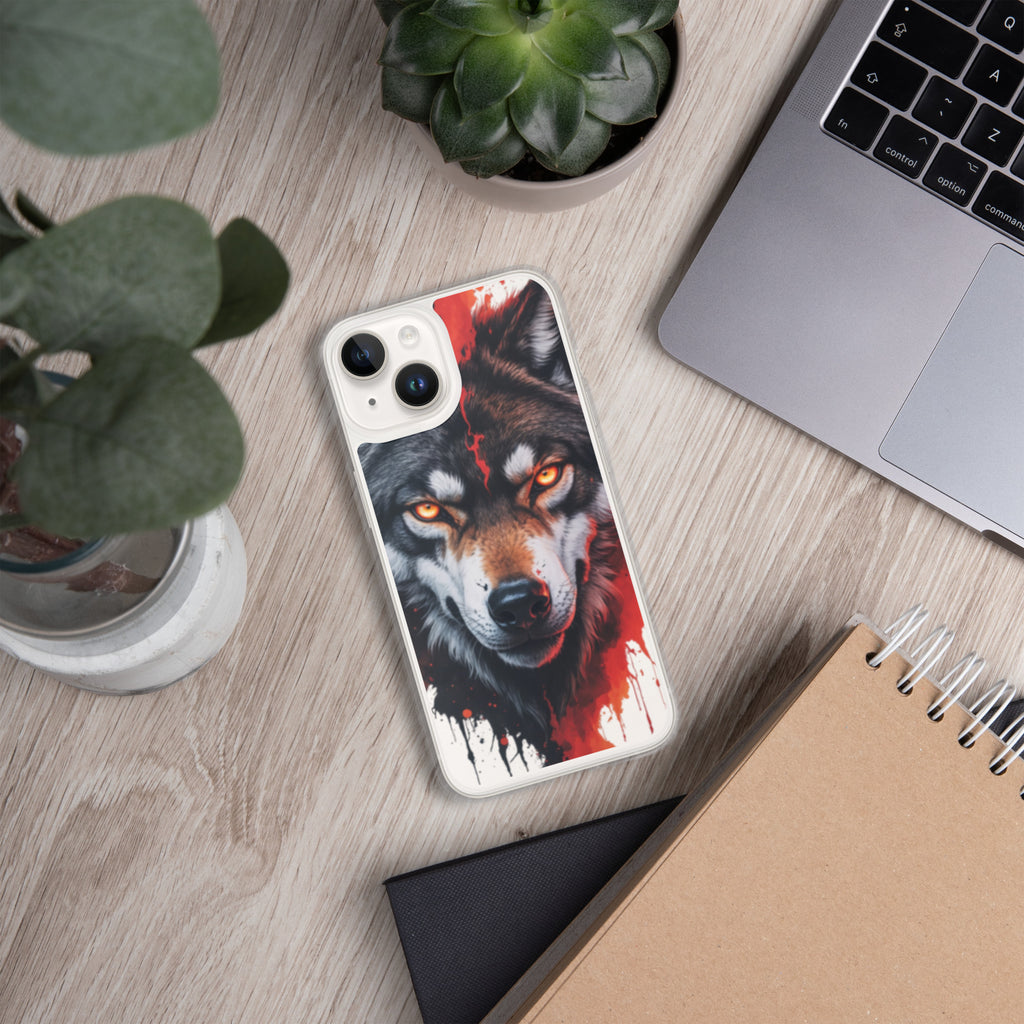 Dual Flame Wolf Clear Case for iPhone 14 - Fierce Wolf Artwork Protective Cover