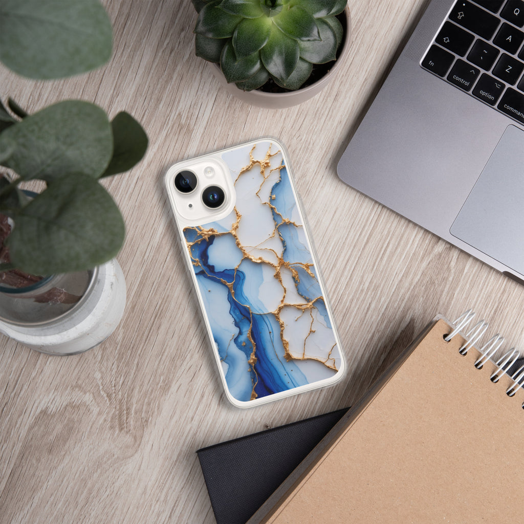 Royal Blue Marble Luxe Clear Case for iPhone 14 - Luxury Blue & Gold Marble Protective Cover