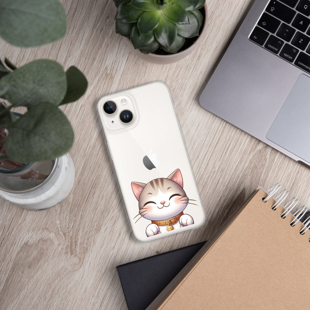 Happy Kitty Clear Case for iPhone 14 - Cute Smiling Cat Illustration Protective Cover