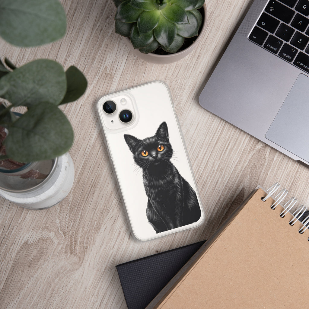Midnight Black Cat Clear Case for iPhone 14 - Elegant Black Cat Illustration Protective Cover