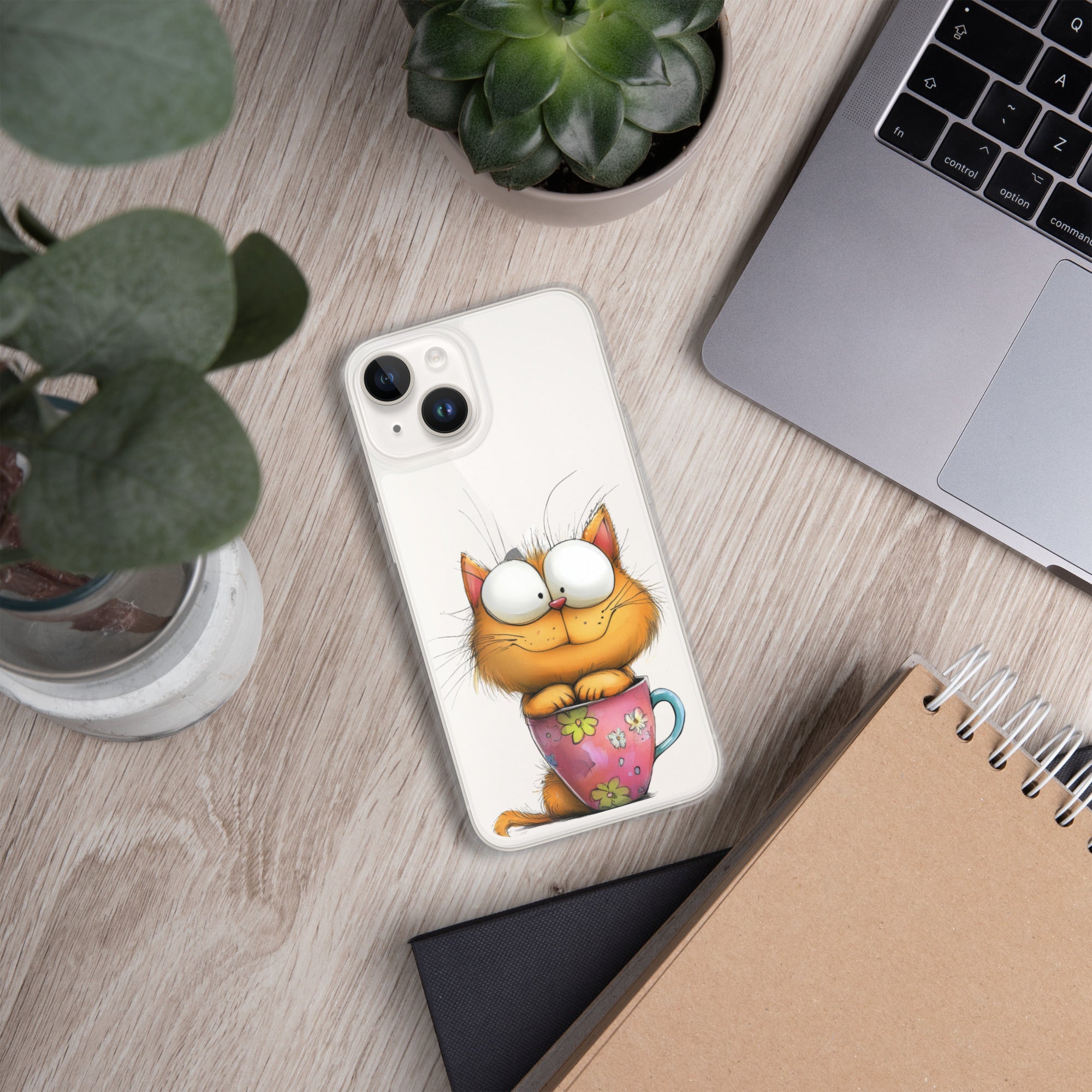 Goofy Cat in Cup Clear Case for iPhone 14 - Funny Cartoon Kitty Protective Cover