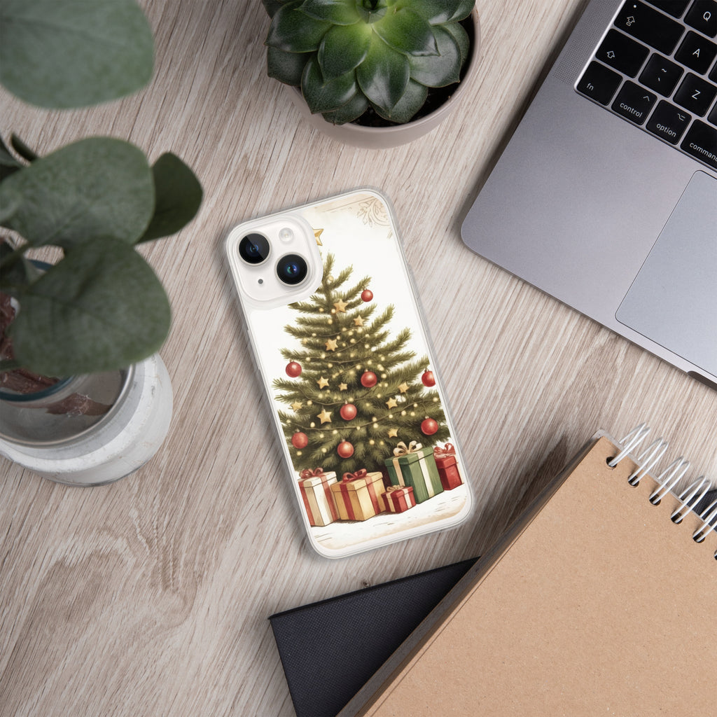 Vintage Christmas Tree Clear Case for iPhone 14 - Festive Holiday Tree & Gifts Protective Cover