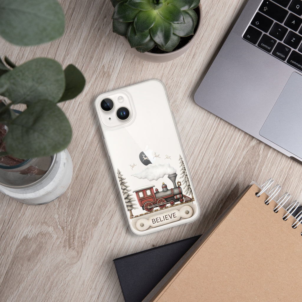 Believe Christmas Train Clear Case for iPhone 14 - Vintage Holiday Locomotive Winter Scene Cover