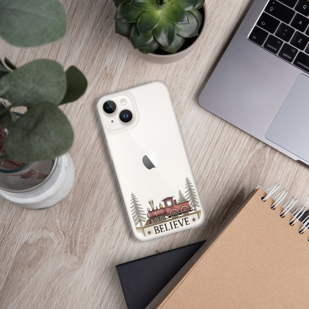 Christmas Believe Train Clear Case for iPhone 14 - Vintage Holiday Train Illustration Protective Cover