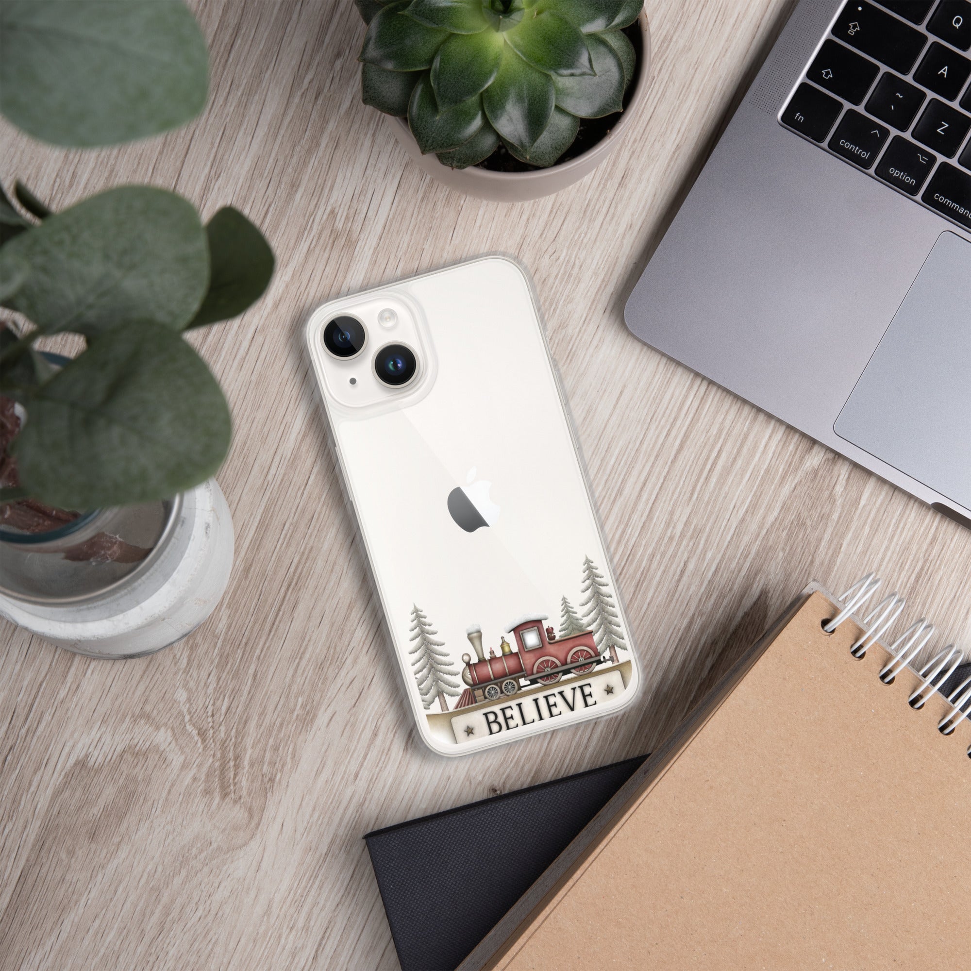 Christmas Believe Train Clear Case for iPhone 14 - Vintage Holiday Train Illustration Protective Cover