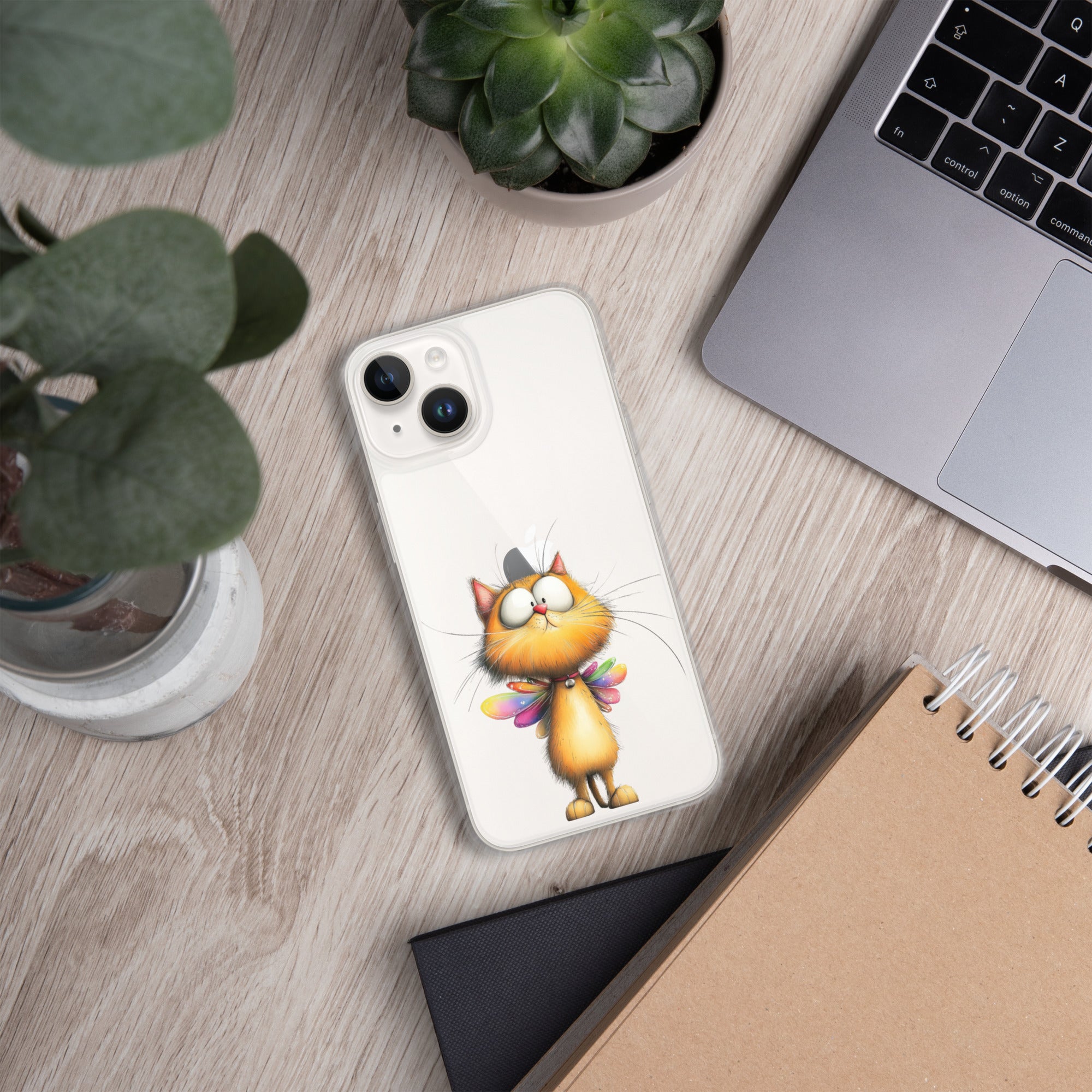 Fairy Cat Clear Case for iPhone 14 - Cute Magical Kitty with Colorful Wings Protective Cover