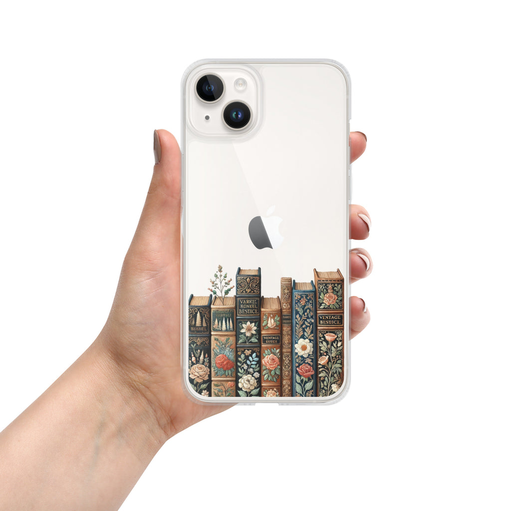 Vintage Floral Bookshelf Clear Case for iPhone 14 Plus