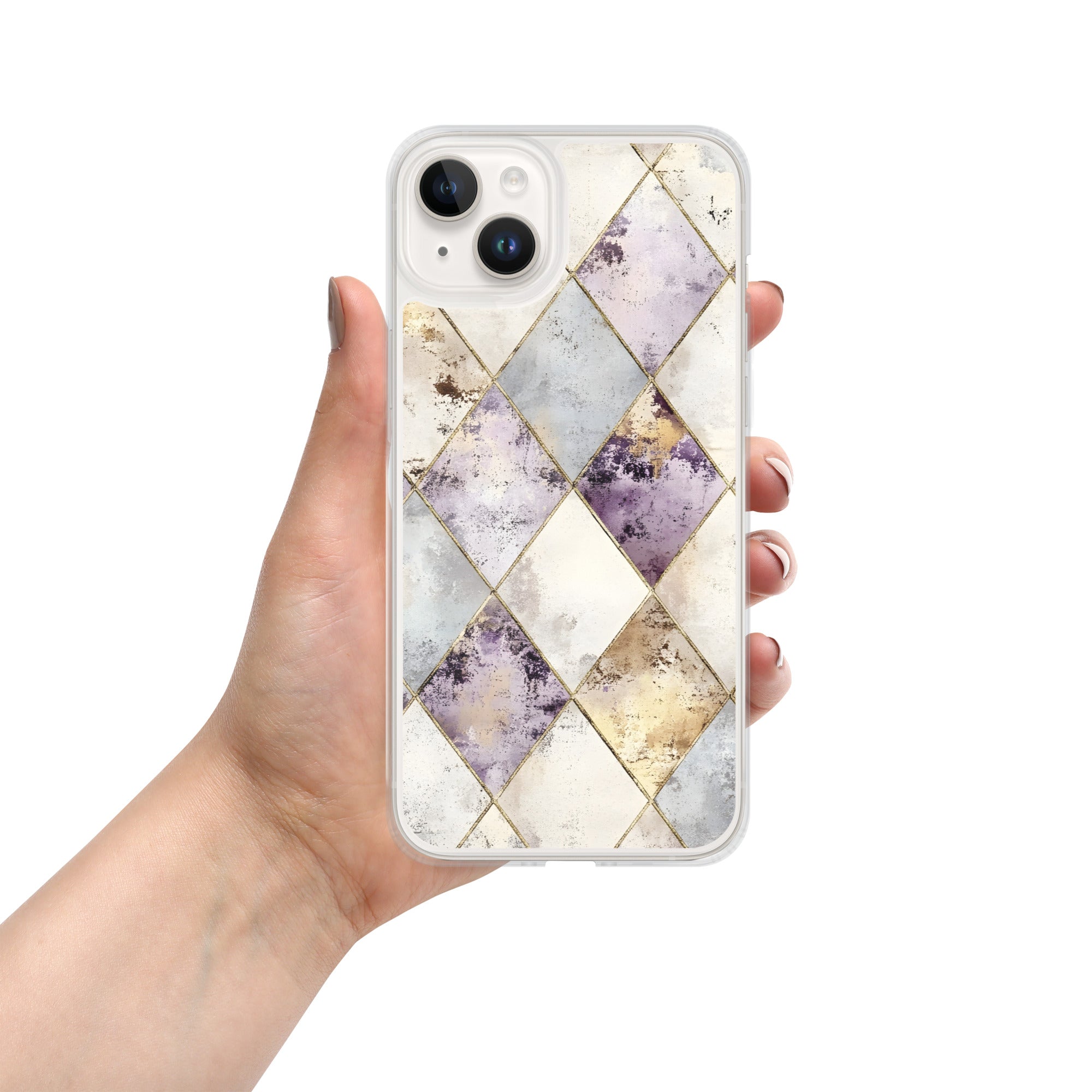 Golden Harlequin Damask Clear Case for iPhone 14 Plus - Elegant Gold Geometric Protective Cover