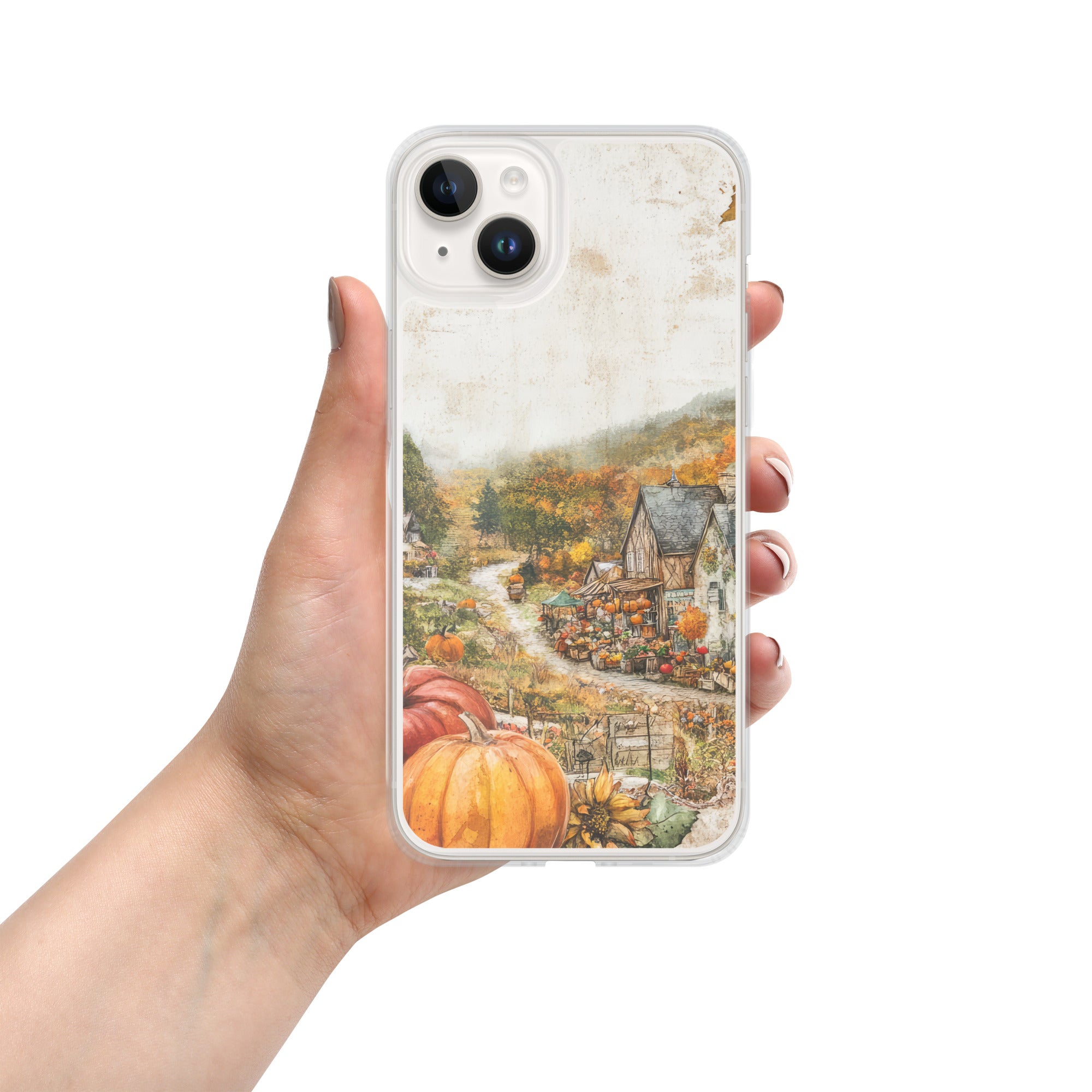 Autumn Village Clear Case for iPhone 14 Plus - Fall Rustic Pumpkin Design Protective Cover