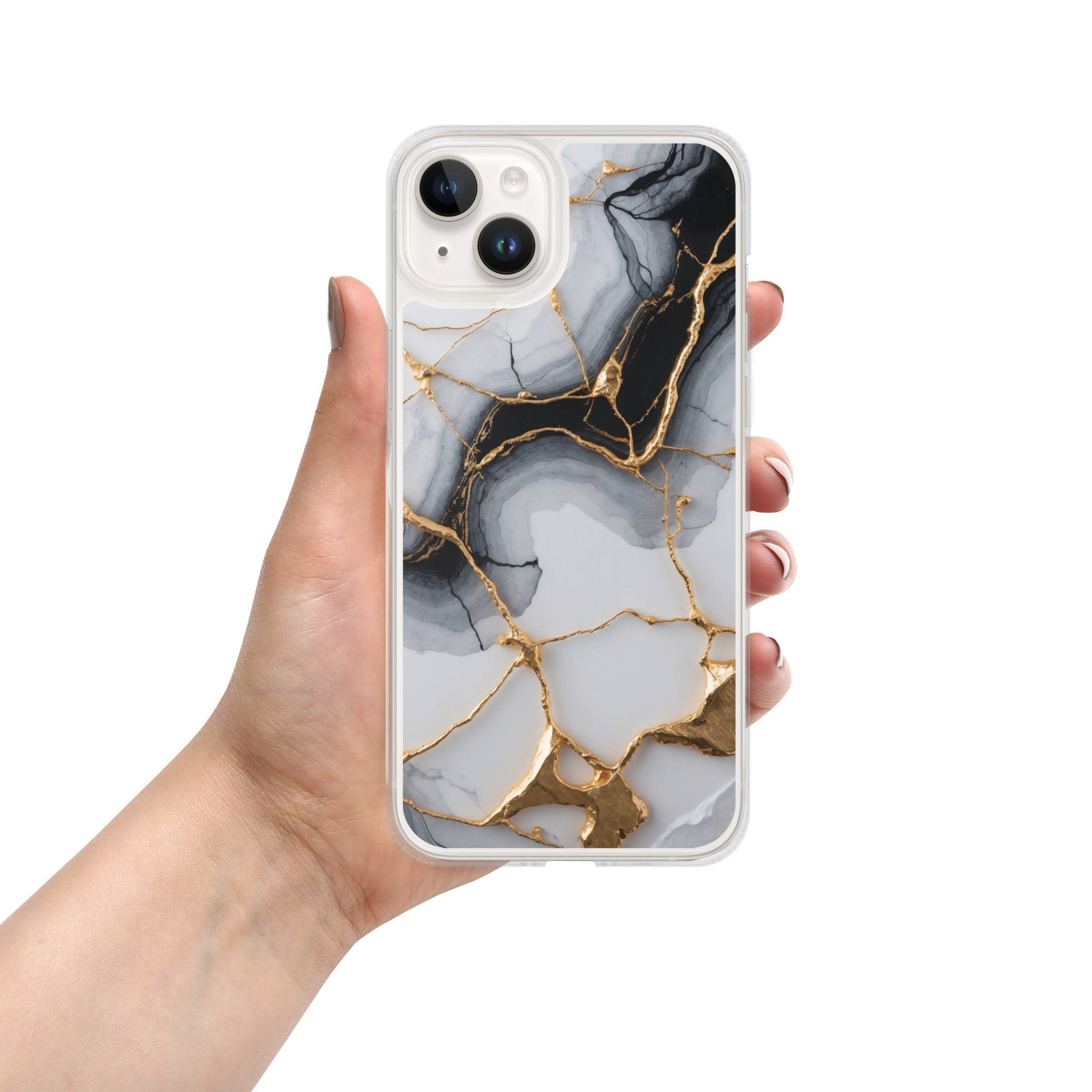 Golden Marble Veins Clear Case for iPhone 14 Plus - Luxury Black & White Marble Protective Cover