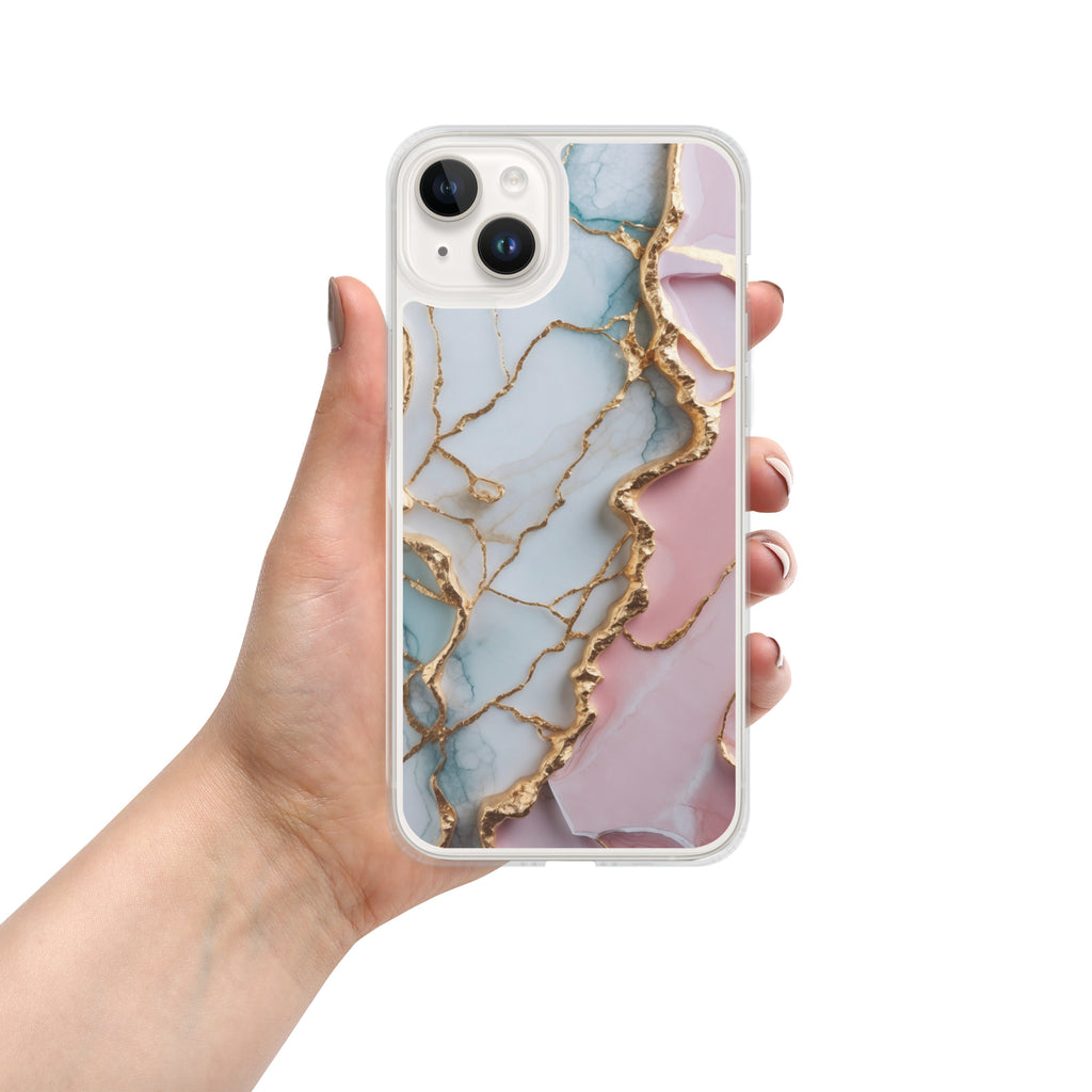 Pastel Golden Marble Fusion Clear Case for iPhone 14 Plus - Luxury Pink & Blue Marble Protective Cover