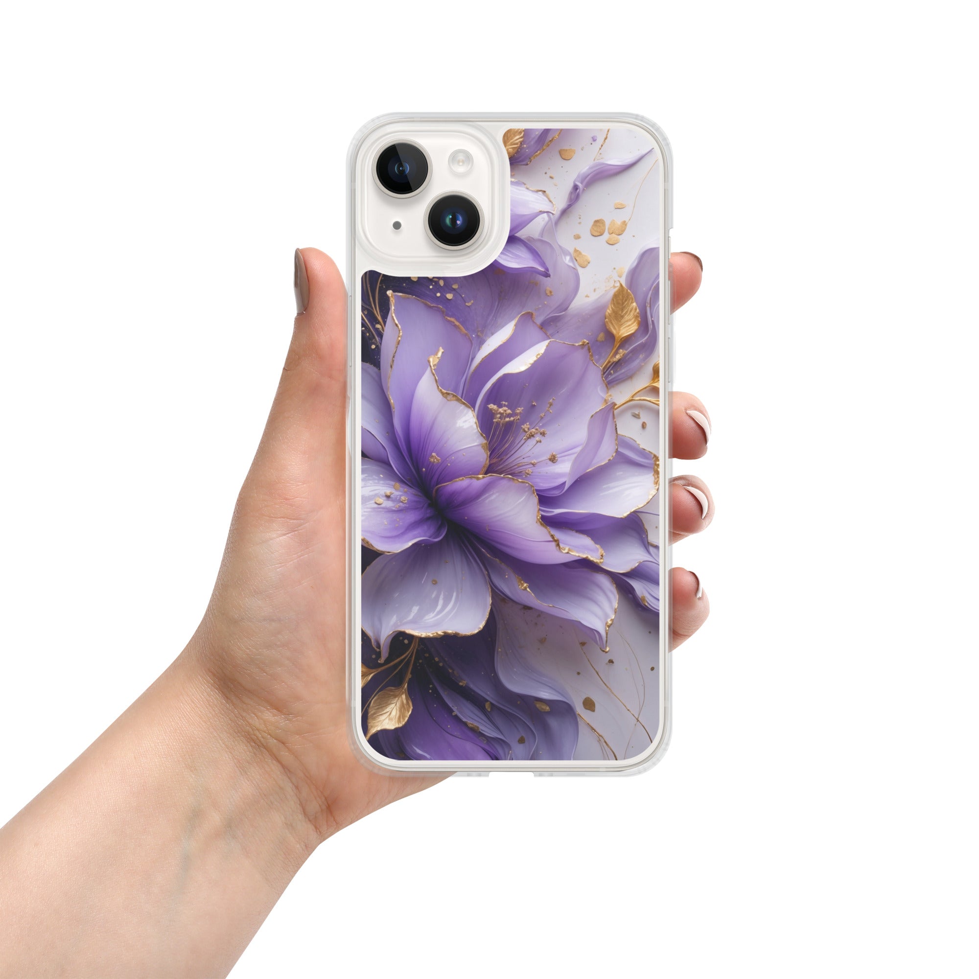 Royal Violet Bloom Clear Case for iPhone 14 Plus - Luxury Purple & Gold Floral Protective Cover
