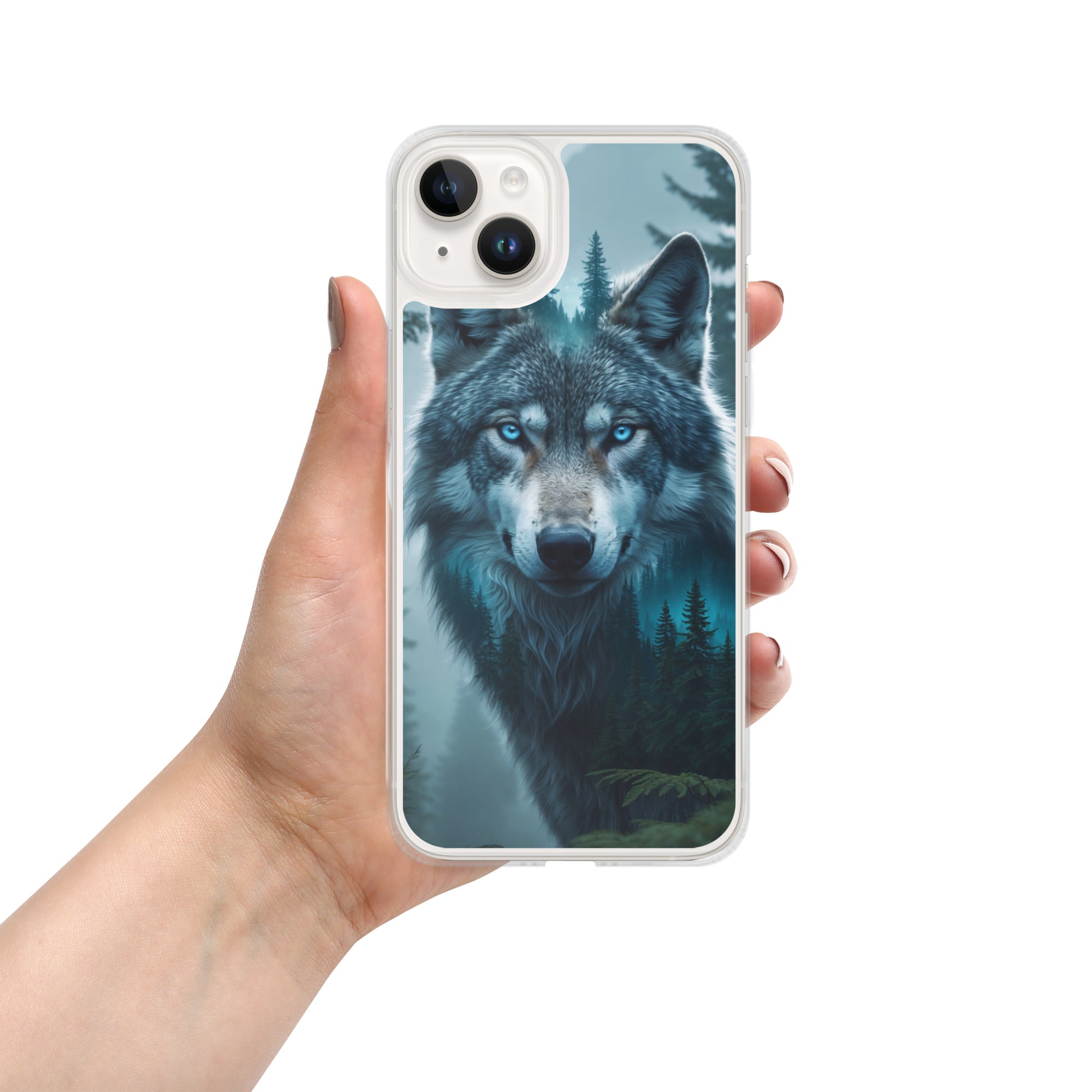 Arctic Forest Wolf Clear Case for iPhone 14 Plus - Blue-Eyed Wolf Nature Protective Cover