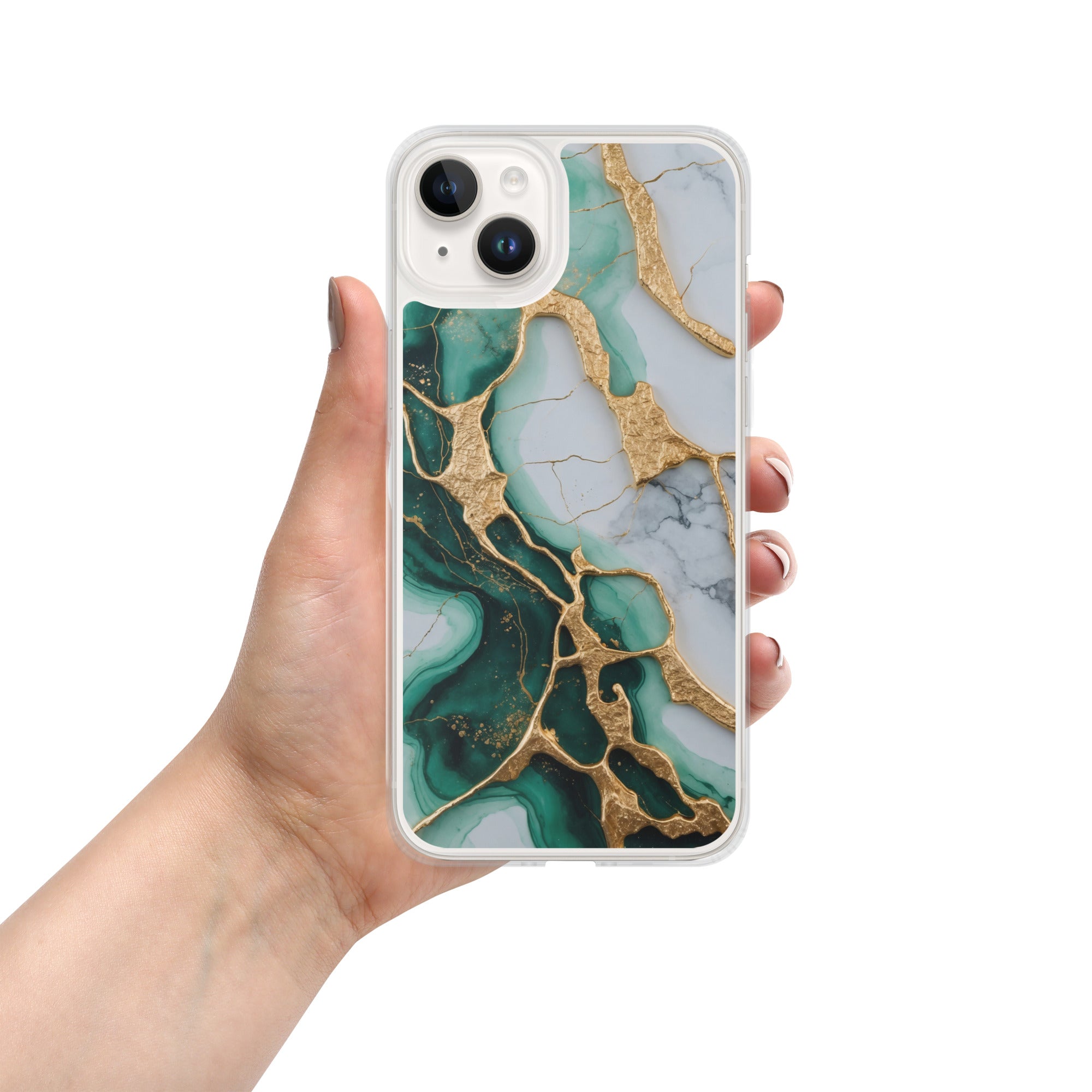 Emerald Golden Marble Flow Clear Case for iPhone 14 Plus - Luxury Green & Gold Marble Protective Cover