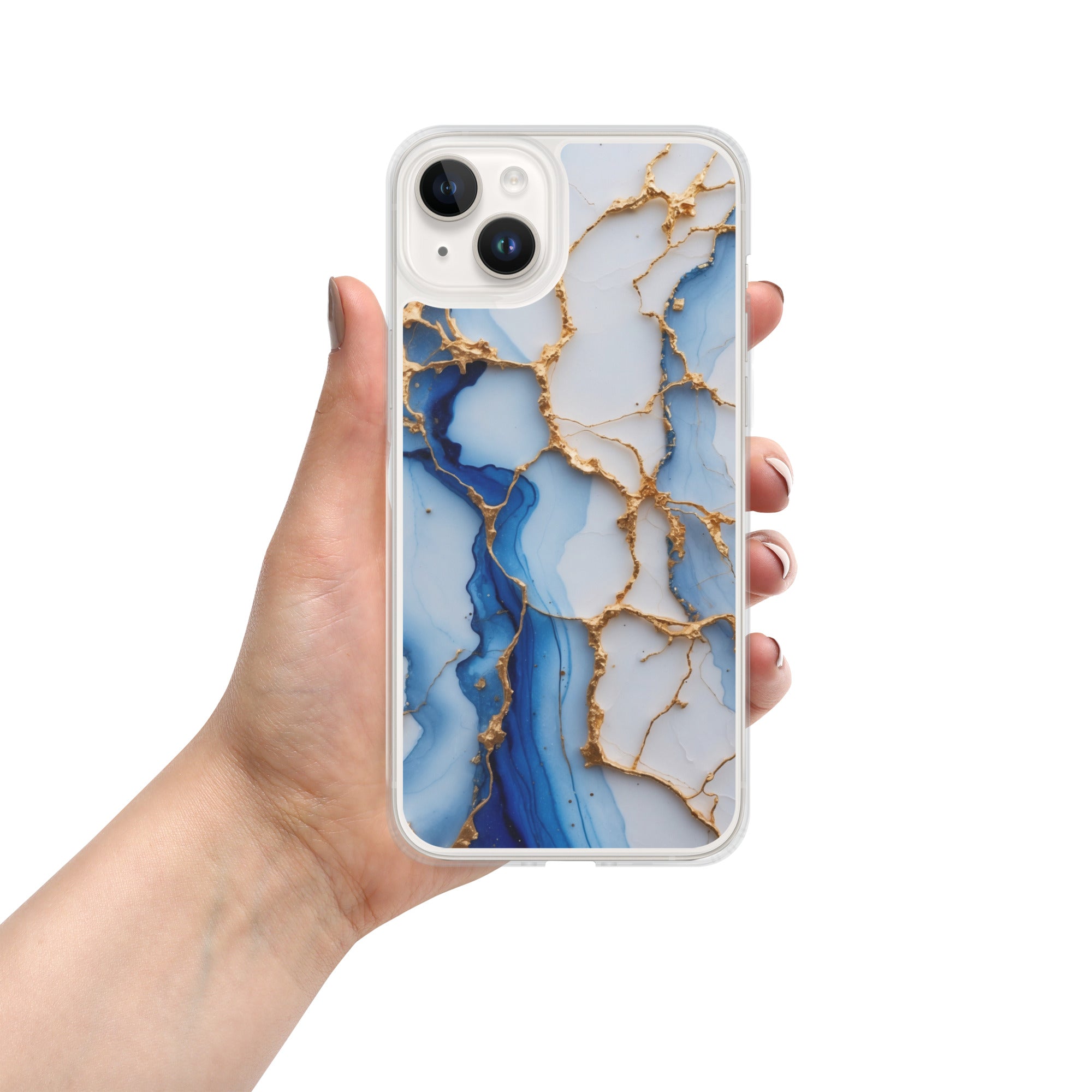 Royal Blue Marble Luxe Clear Case for iPhone 14 Plus - Luxury Blue & Gold Marble Protective Cover