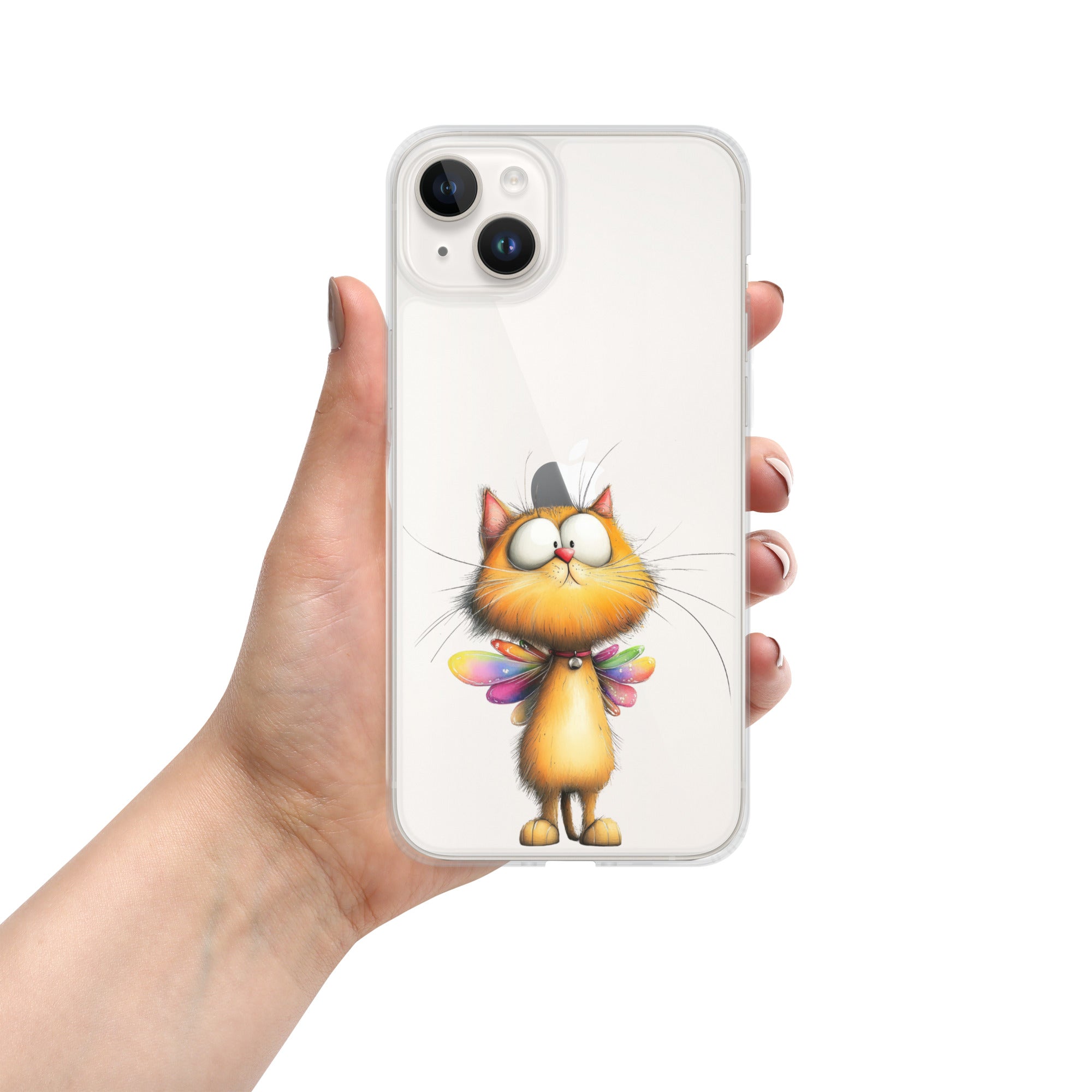 Fairy Cat Clear Case for iPhone 14 Plus - Cute Magical Kitty with Colorful Wings Protective Cover