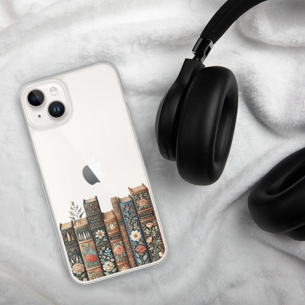 Vintage Floral Bookshelf Clear Case for iPhone 14 Plus