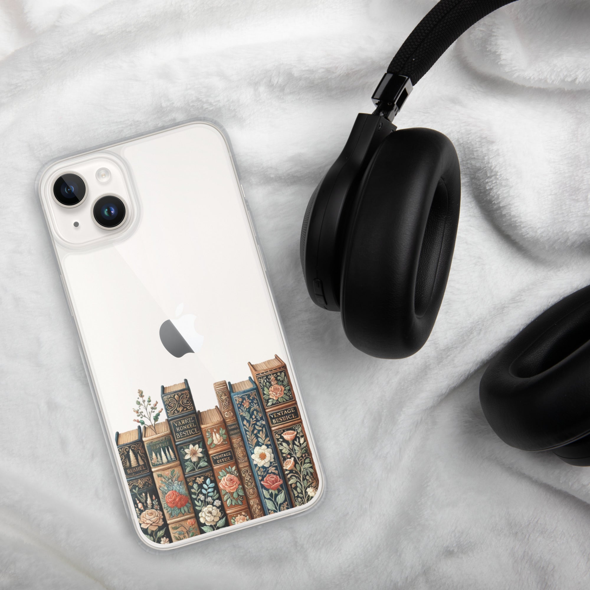 Vintage Floral Bookshelf Clear Case for iPhone 14 Plus