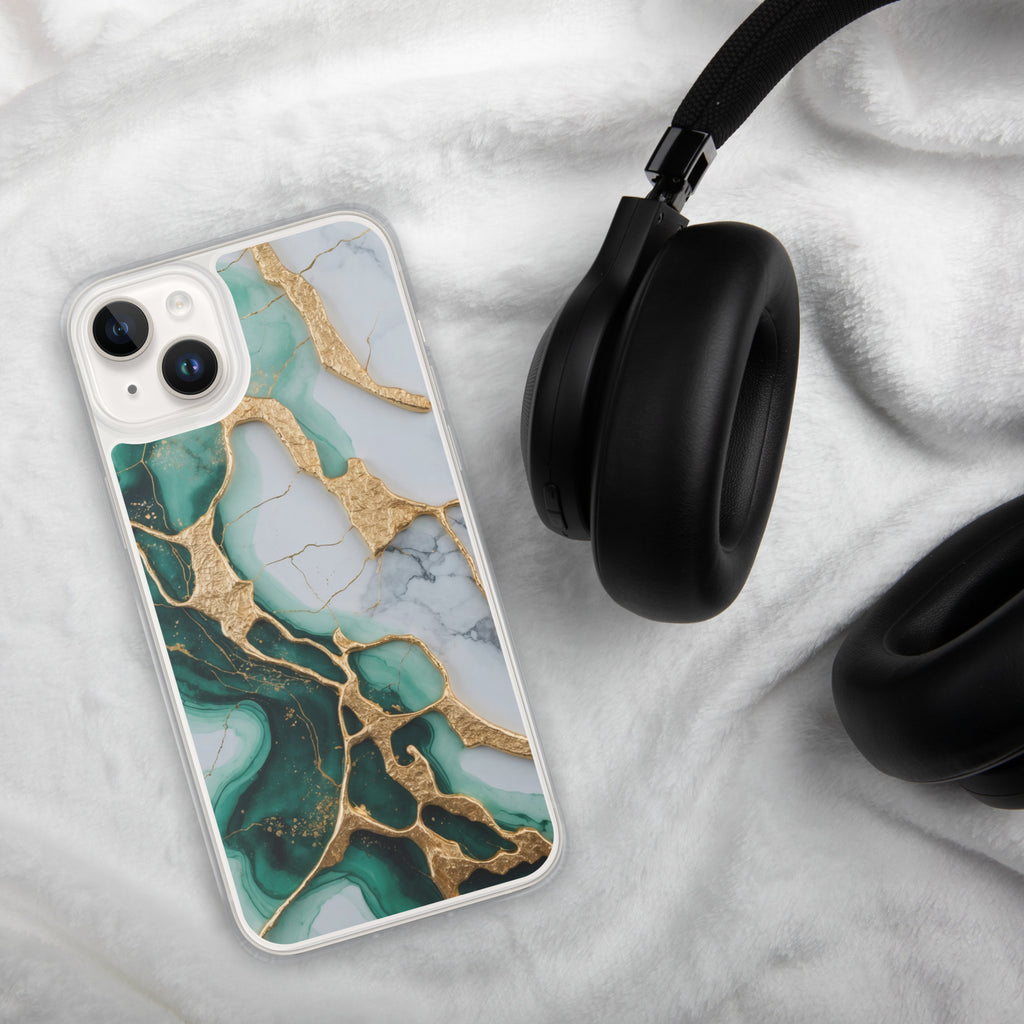 Emerald Golden Marble Flow Clear Case for iPhone 14 Plus - Luxury Green & Gold Marble Protective Cover