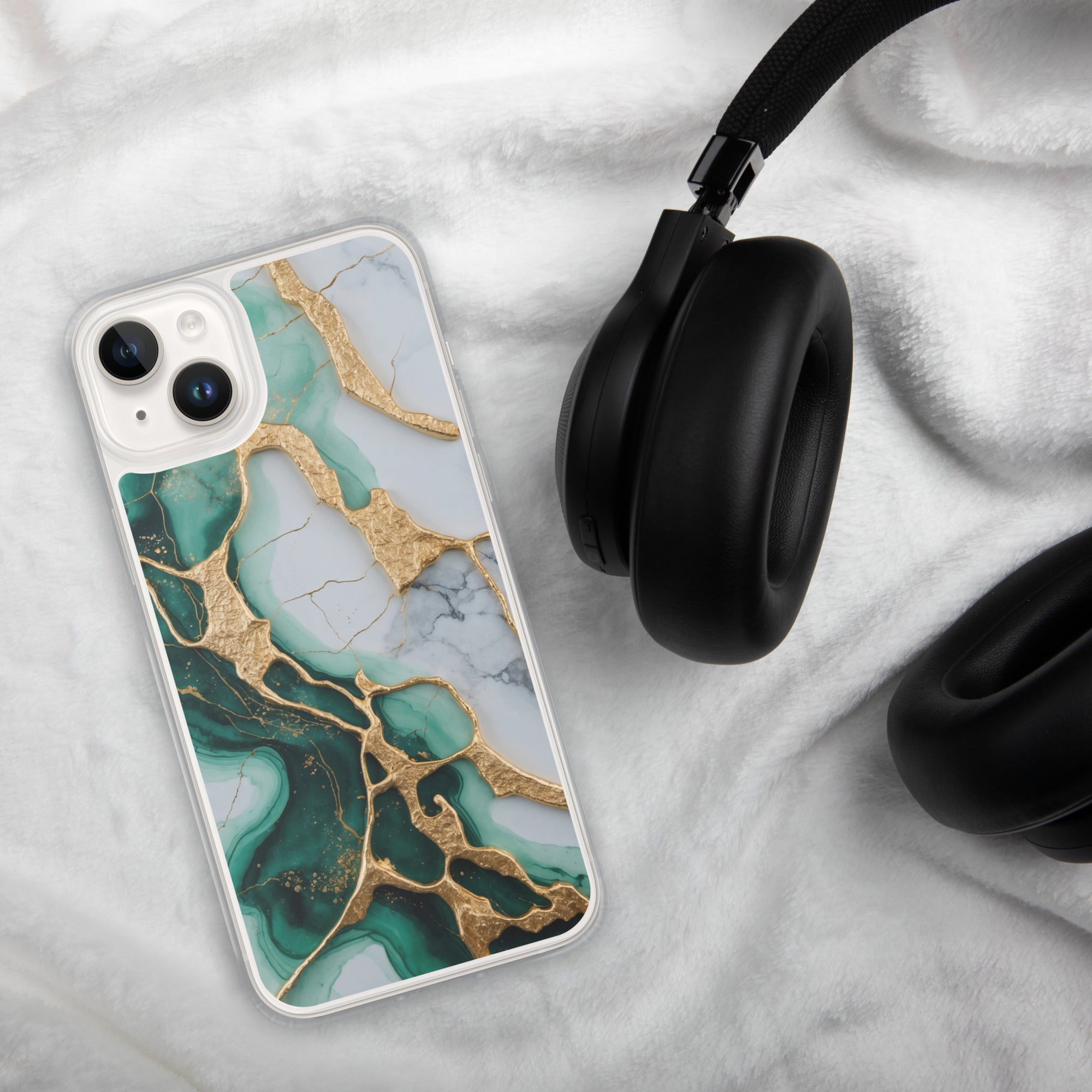 Emerald Golden Marble Flow Clear Case for iPhone 14 Plus - Luxury Green & Gold Marble Protective Cover