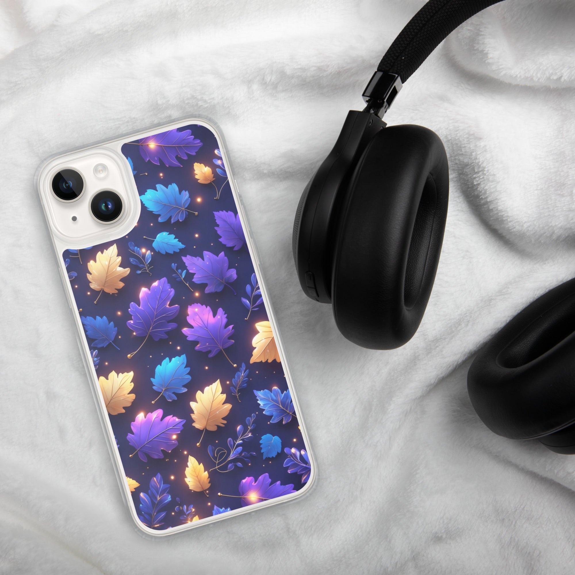 Neon Autumn Glow Clear Case for iPhone 14 Plus - Vibrant Fall Leaves Luminous Protective Cover