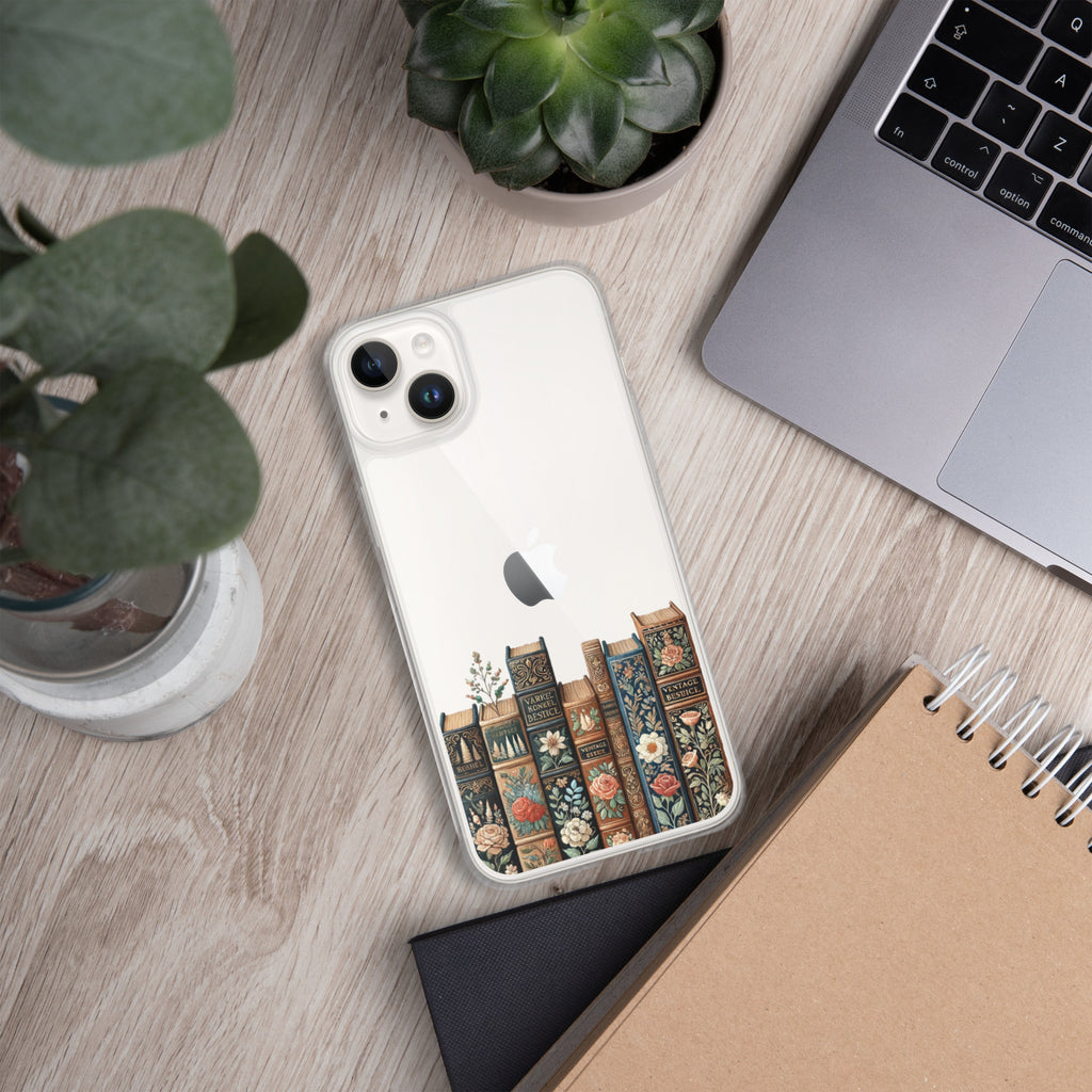Vintage Floral Bookshelf Clear Case for iPhone 14 Plus