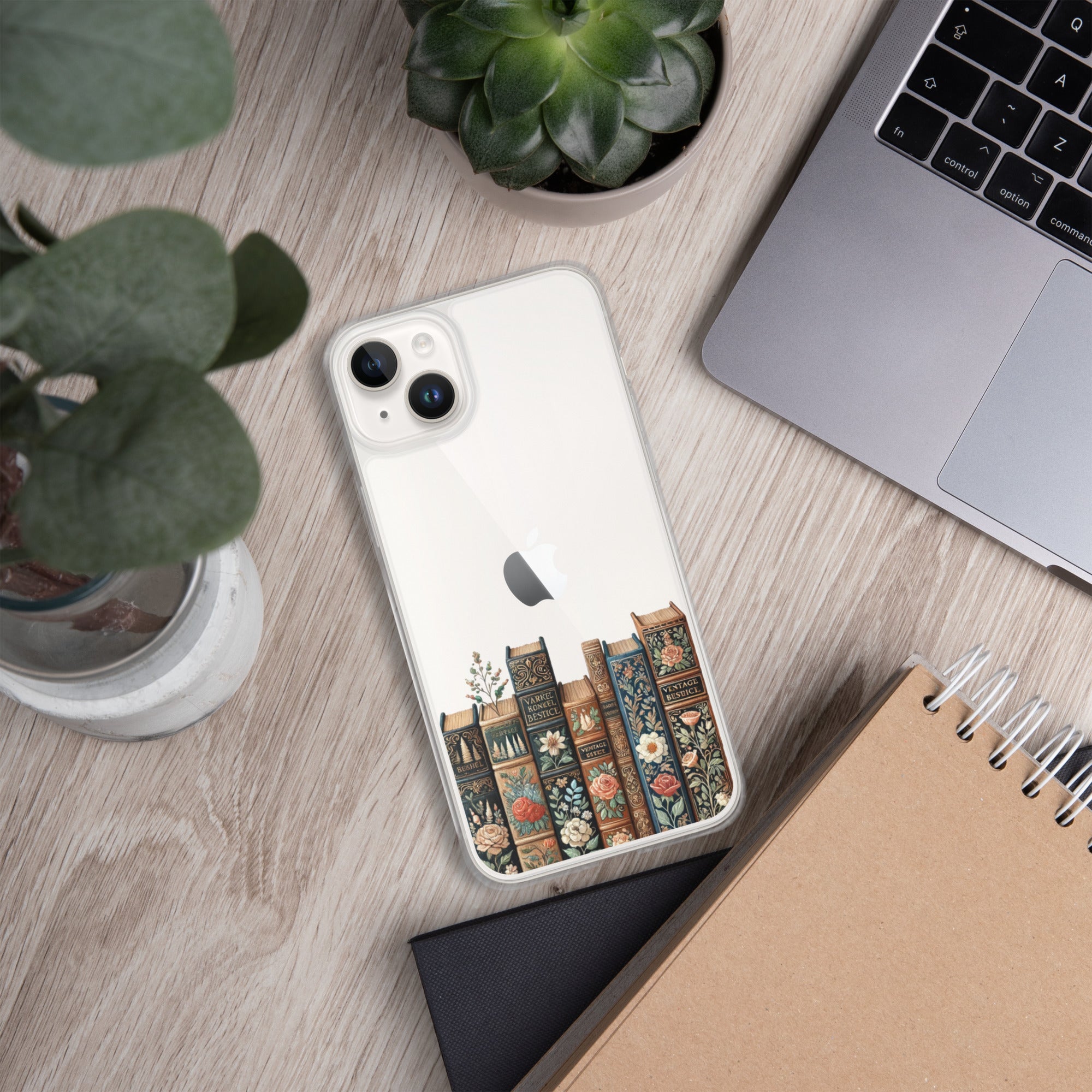 Vintage Floral Bookshelf Clear Case for iPhone 14 Plus