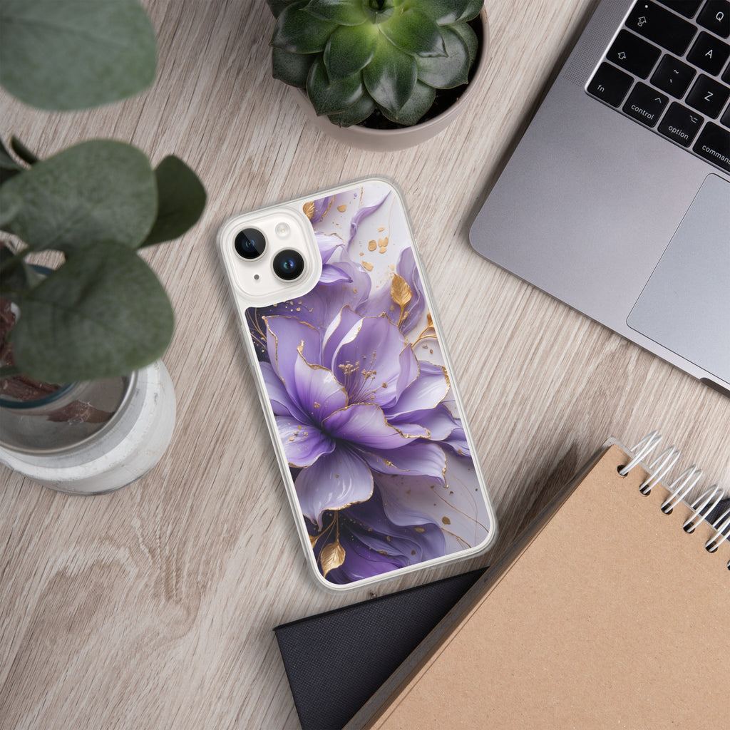 Royal Violet Bloom Clear Case for iPhone 14 Plus - Luxury Purple & Gold Floral Protective Cover