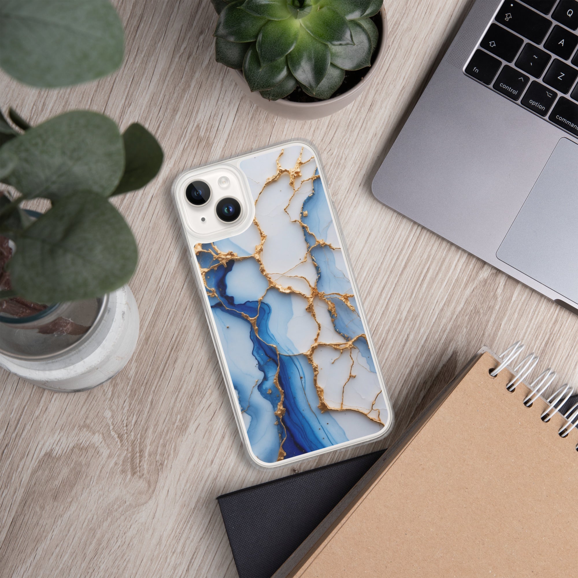 Royal Blue Marble Luxe Clear Case for iPhone 14 Plus - Luxury Blue & Gold Marble Protective Cover