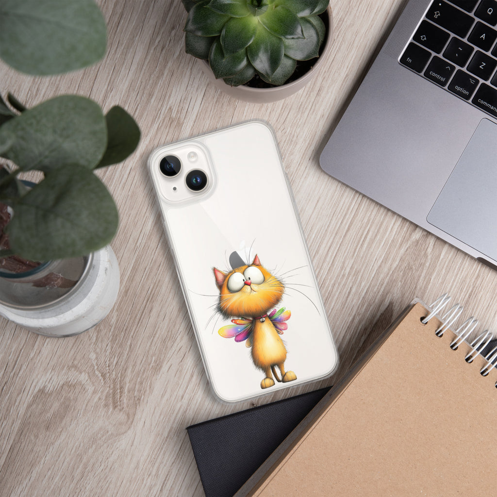 Fairy Cat Clear Case for iPhone 14 Plus - Cute Magical Kitty with Colorful Wings Protective Cover