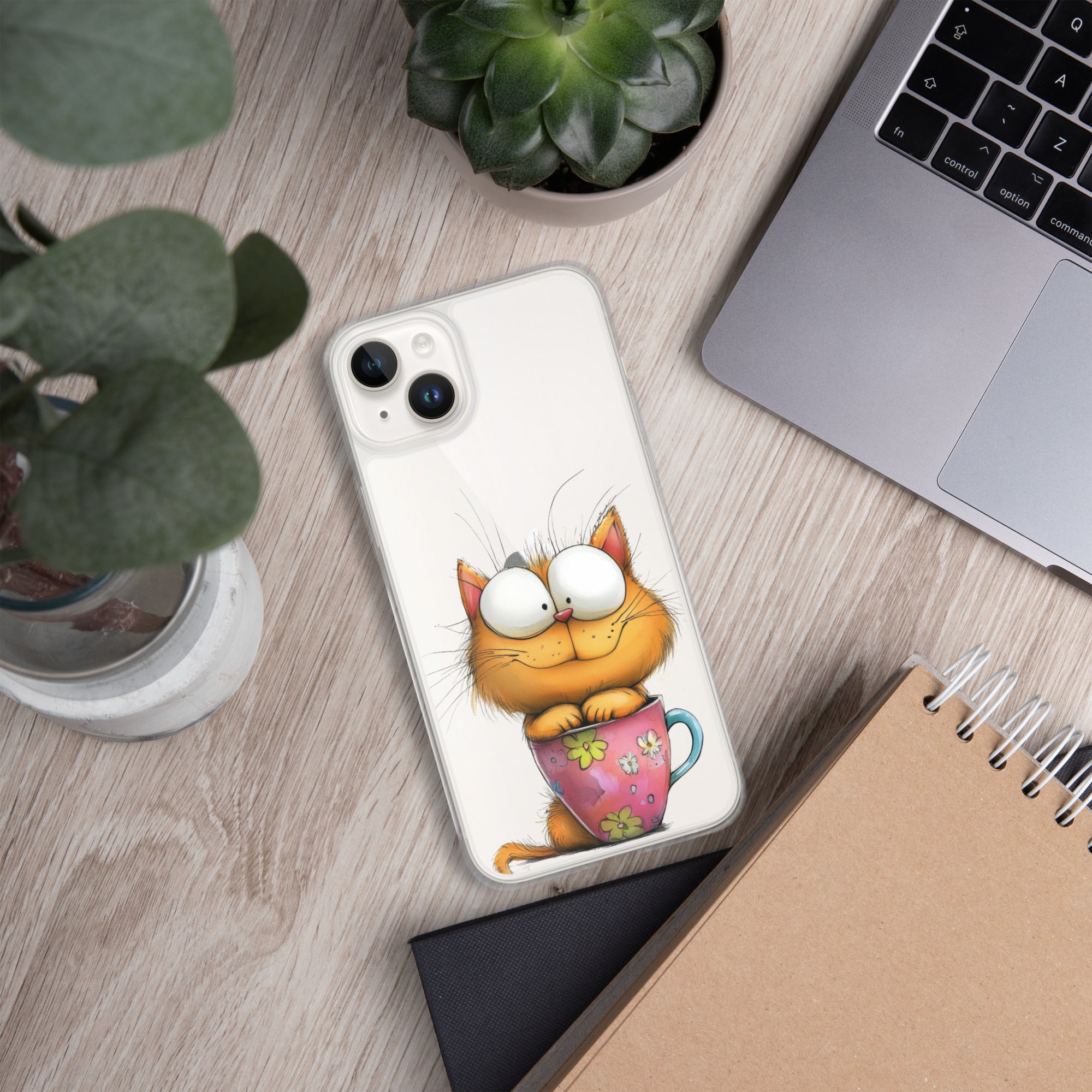 Goofy Cat in Cup Clear Case for iPhone 14 Plus - Funny Cartoon Kitty Protective Cover