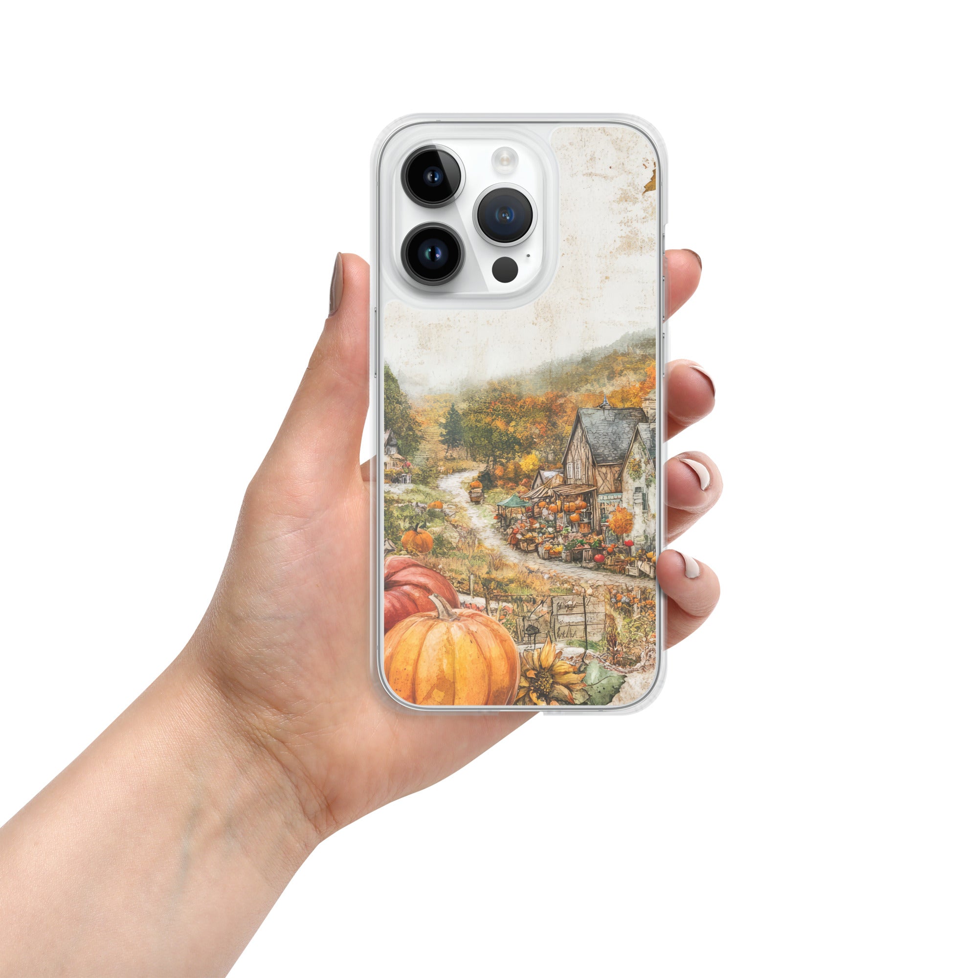 Autumn Village Clear Case for iPhone 14 Pro - Fall Rustic Pumpkin Design Protective Cover