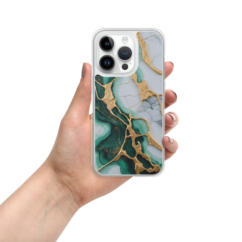 Emerald Golden Marble Flow Clear Case for iPhone 14 Pro - Luxury Green & Gold Marble Protective Cover
